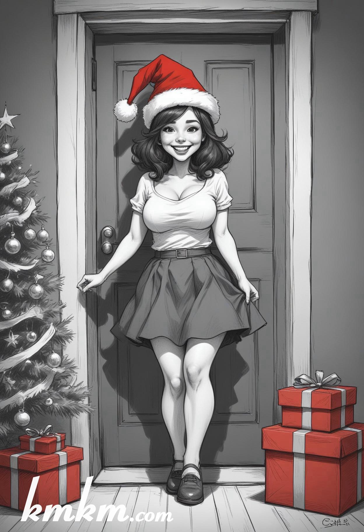 Black and white christmas girl cartoon drawing 19