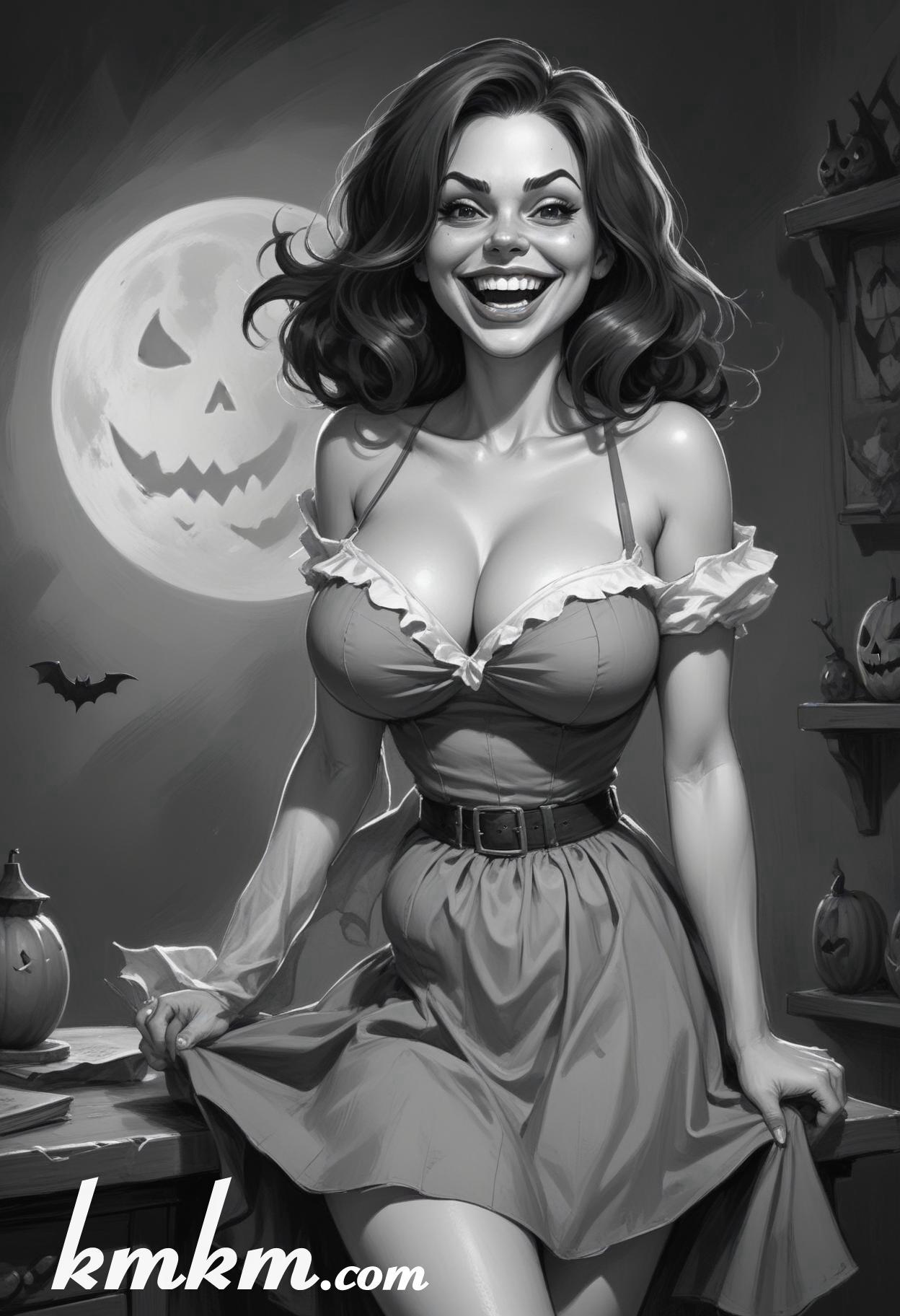 Black and white halloween woman cartoon drawing 02