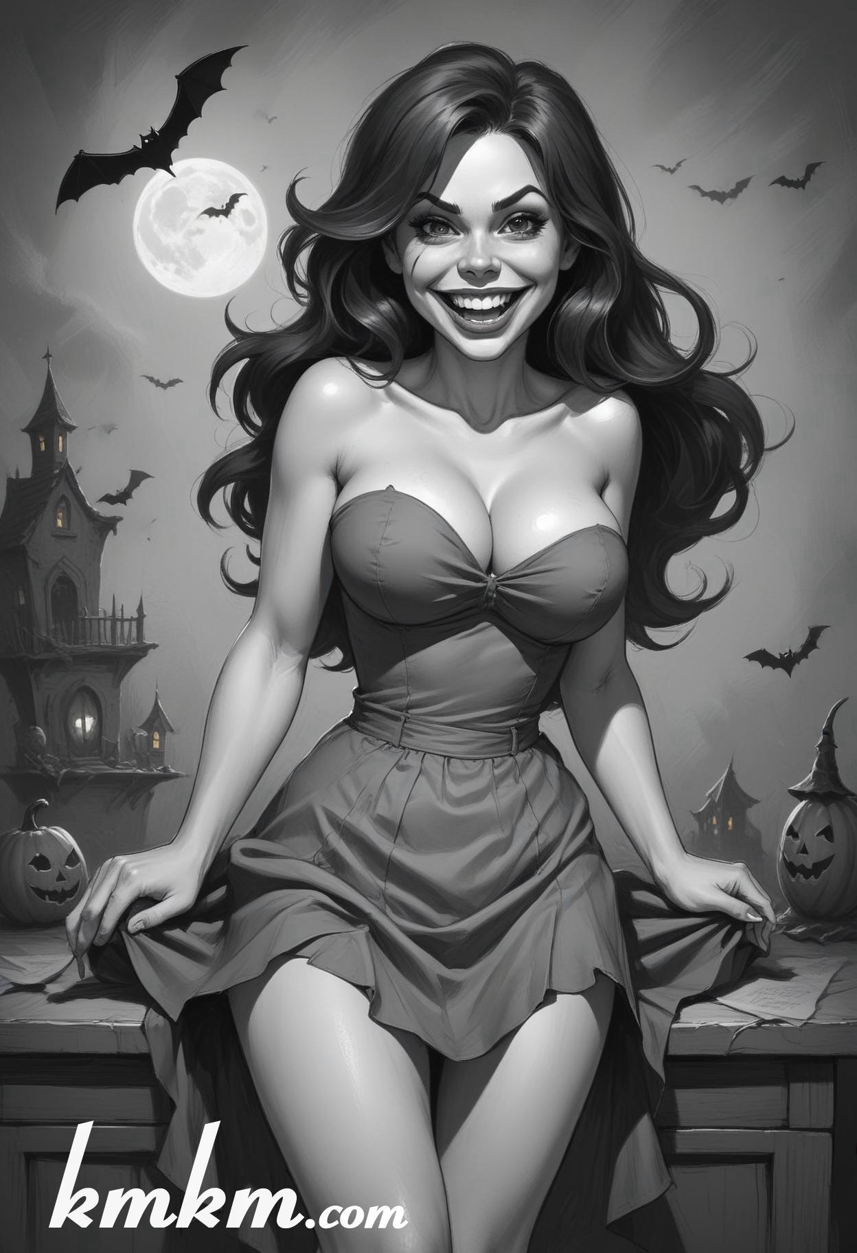Black and white halloween woman cartoon drawing 03