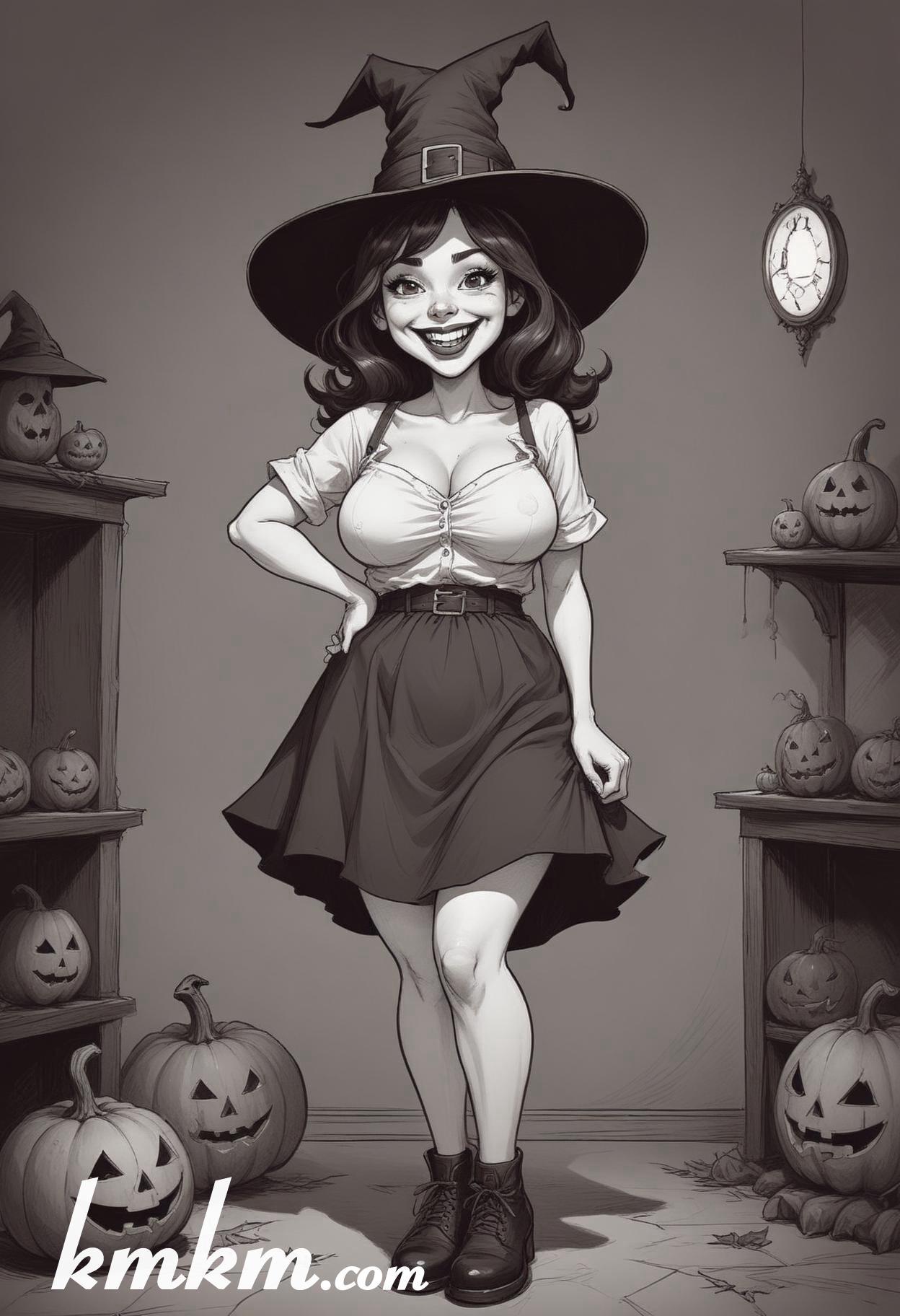 Black and white halloween woman cartoon drawing 07