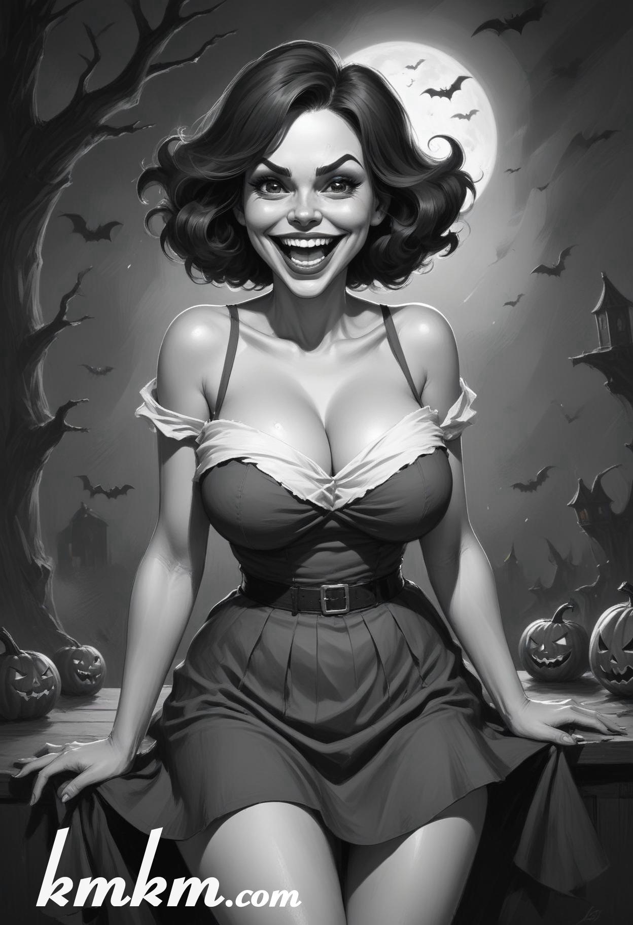 Black and white halloween woman cartoon drawing 08