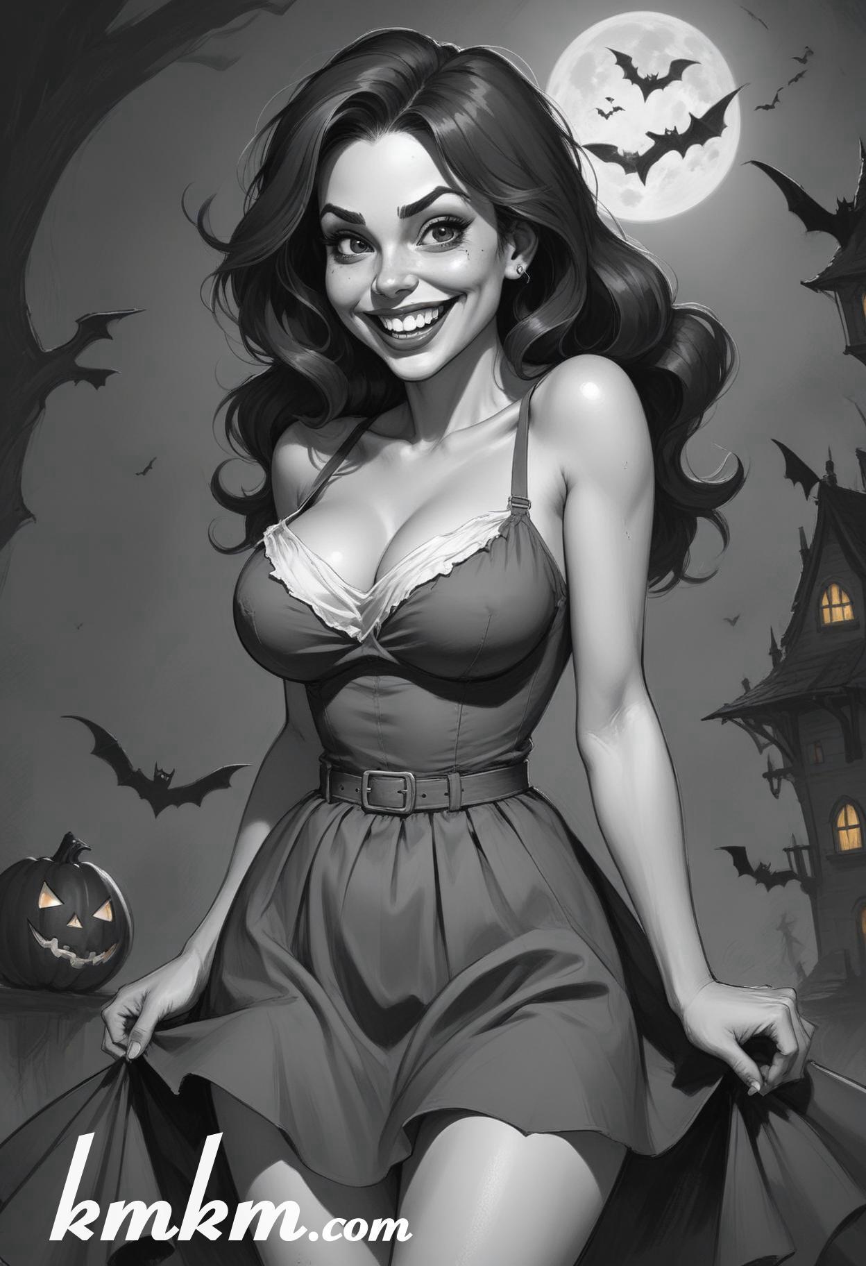 Black and white halloween woman cartoon drawing 09