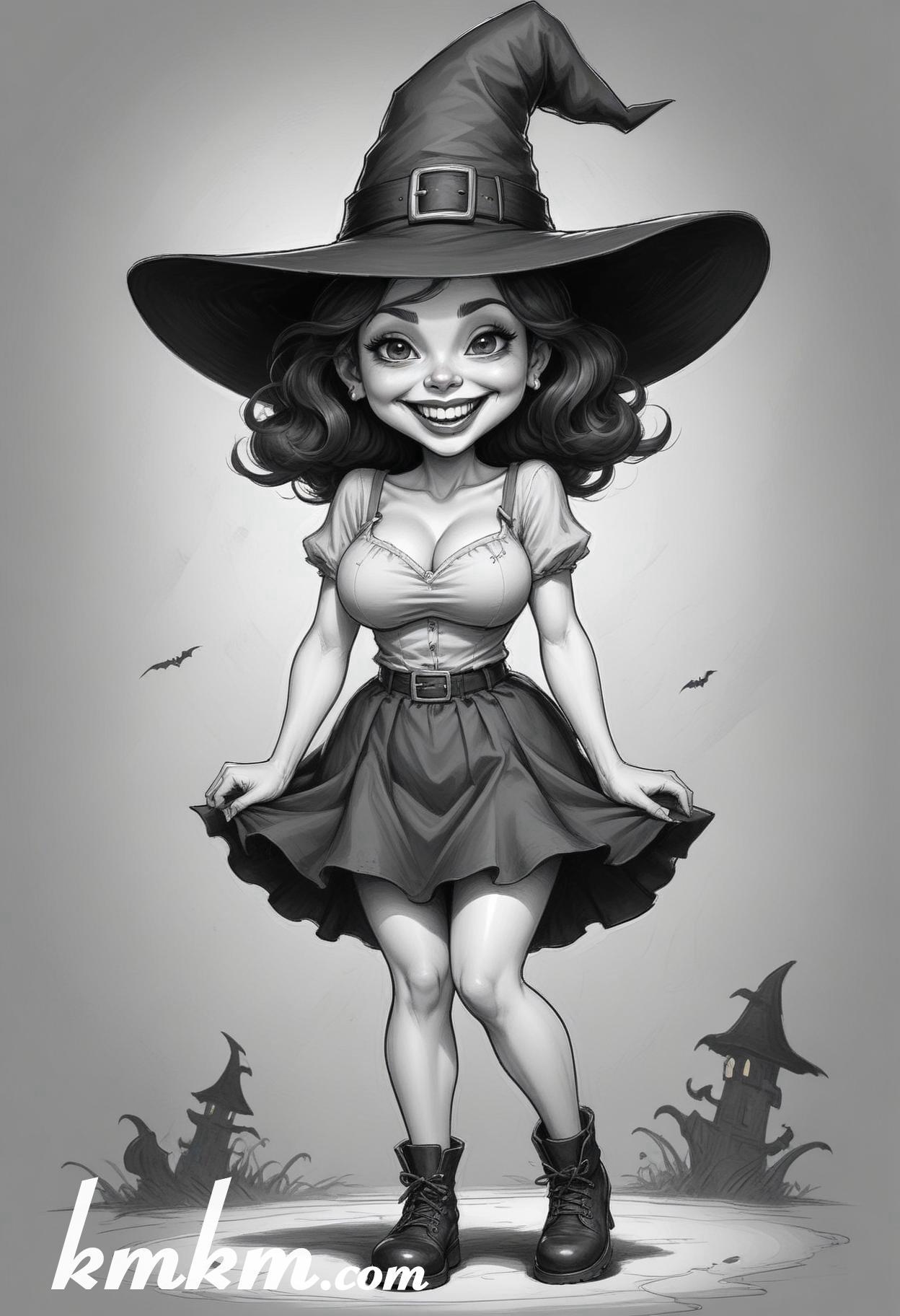 Black and white halloween woman cartoon drawing 12