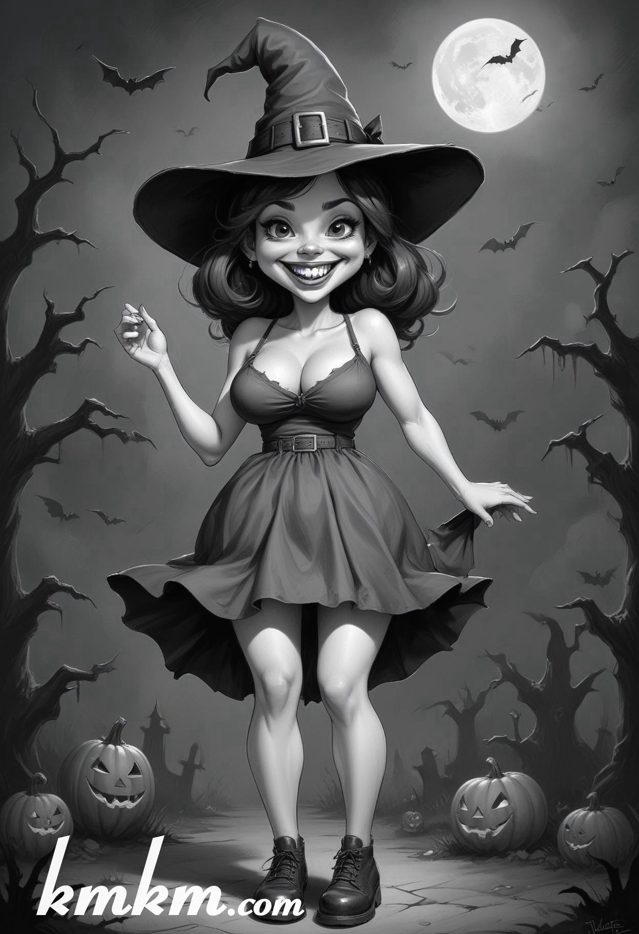 Black and white halloween woman cartoon drawing 13