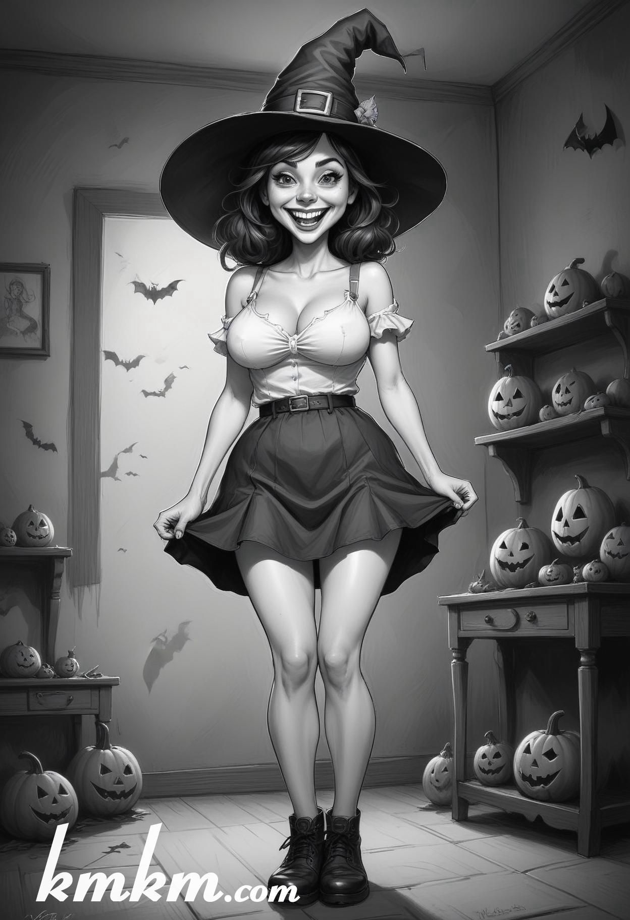 Black and white halloween woman cartoon drawing 14
