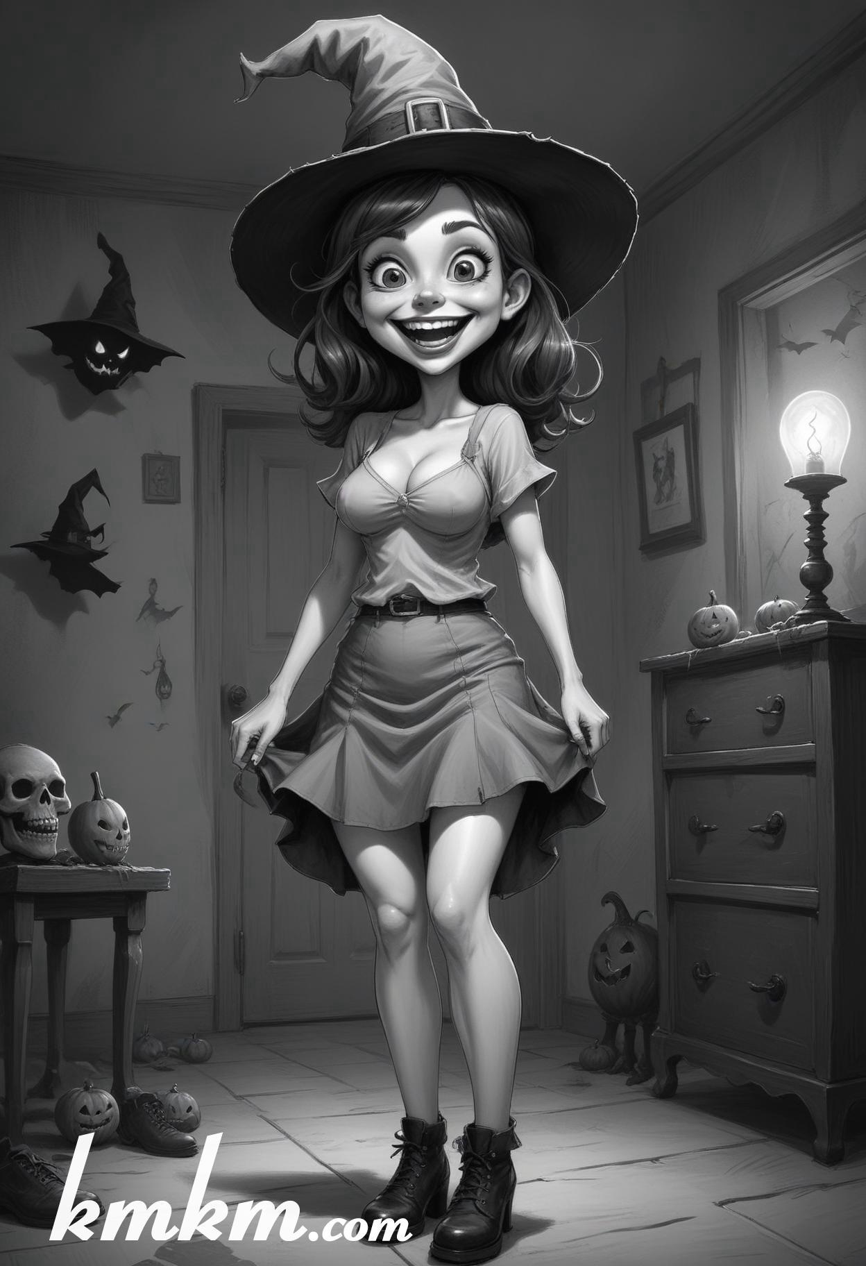 Black and white halloween woman cartoon drawing 16