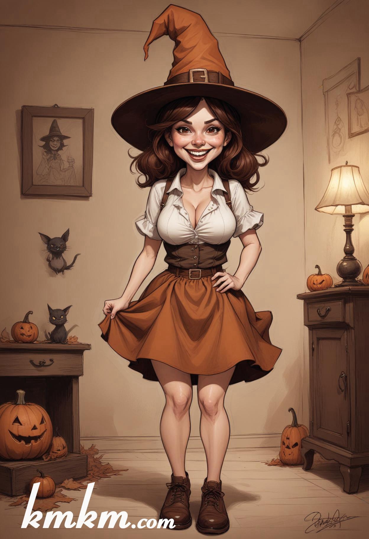 Cute girl halloween cartoon caricature drawing 07