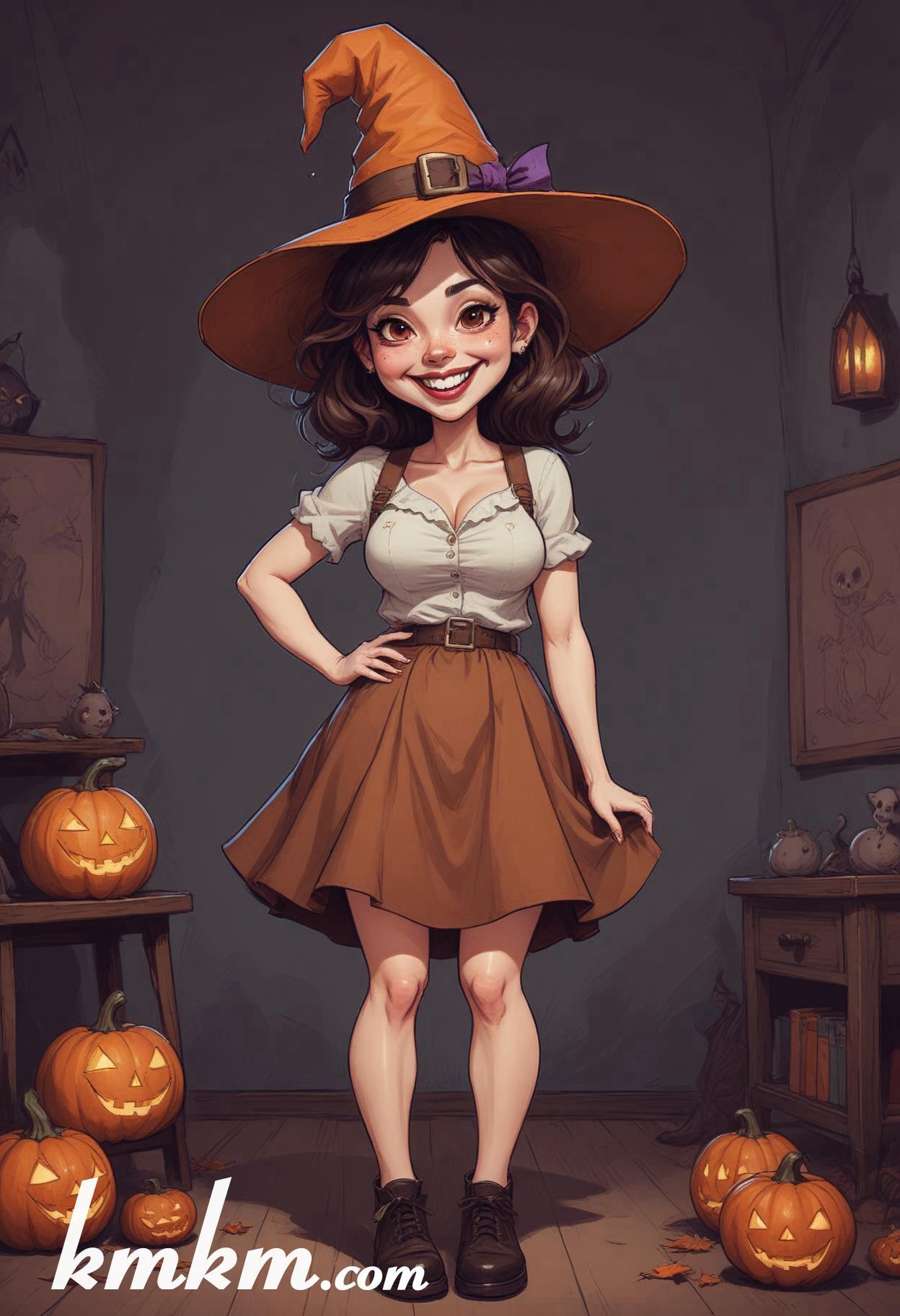 Cute girl halloween cartoon caricature drawing 16
