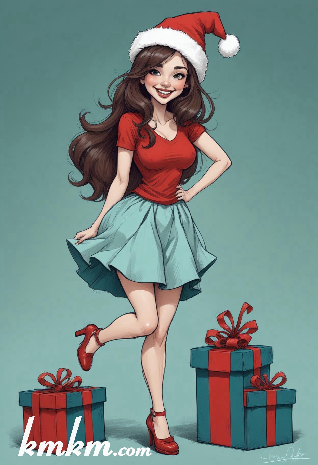 Cute girl merry christmas cartoon caricature drawing 12