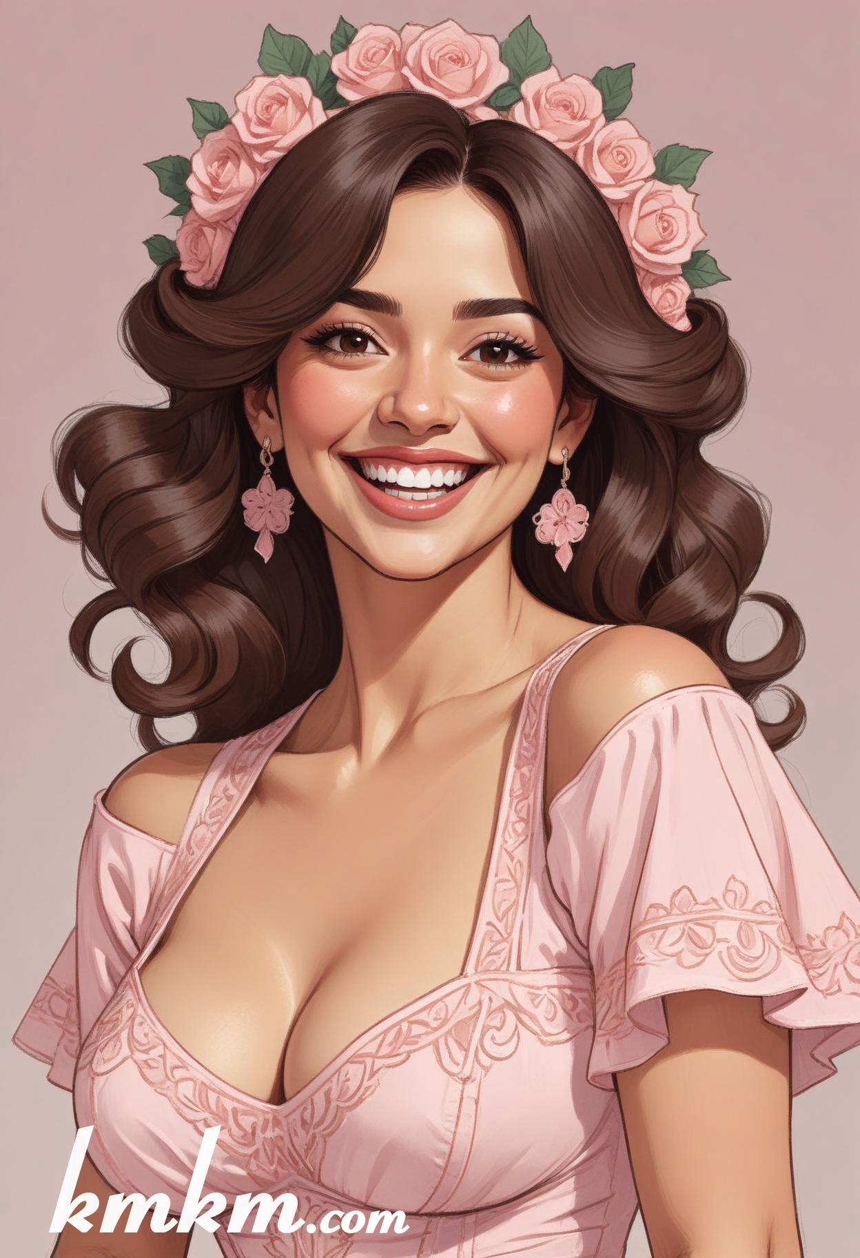Mexican pretty woman pink cartoon portrait drawing 02