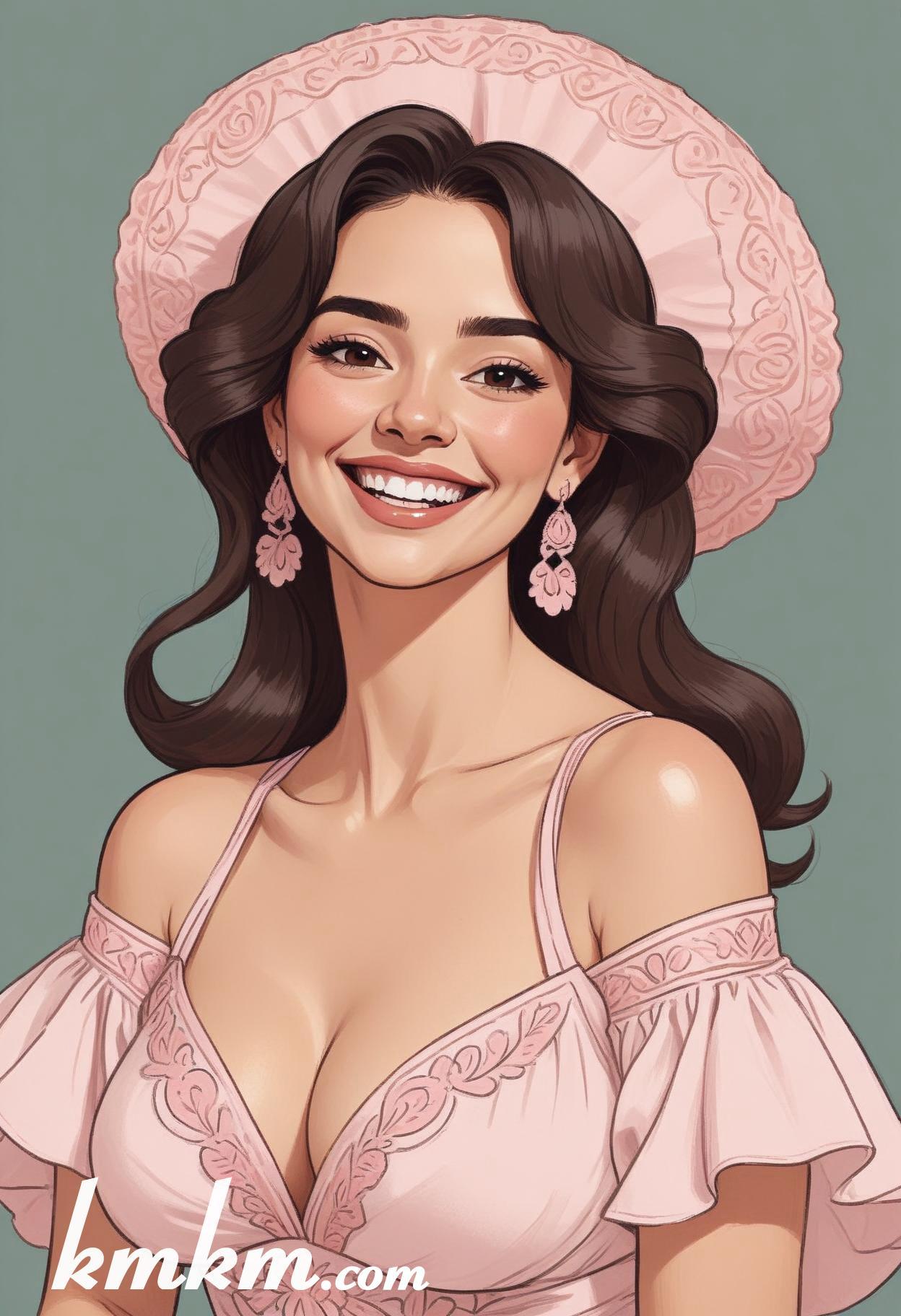 Mexican pretty woman pink cartoon portrait drawing 03