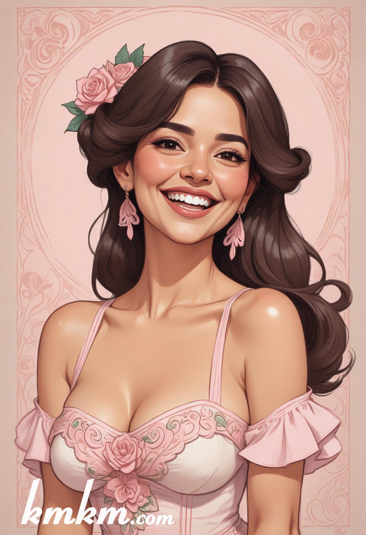 Mexican pretty woman pink cartoon portrait drawing 04