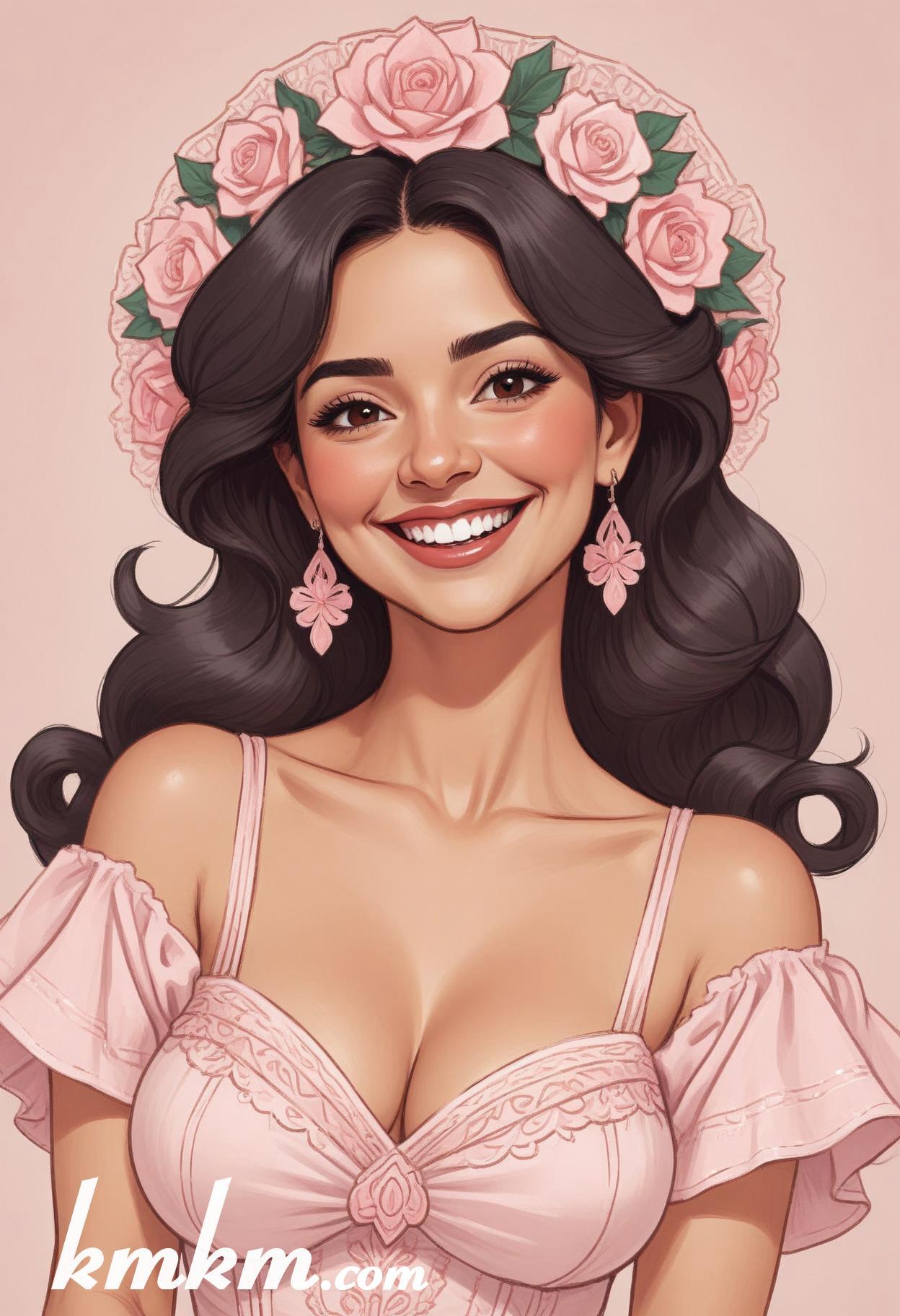 Mexican pretty woman pink cartoon portrait drawing 17