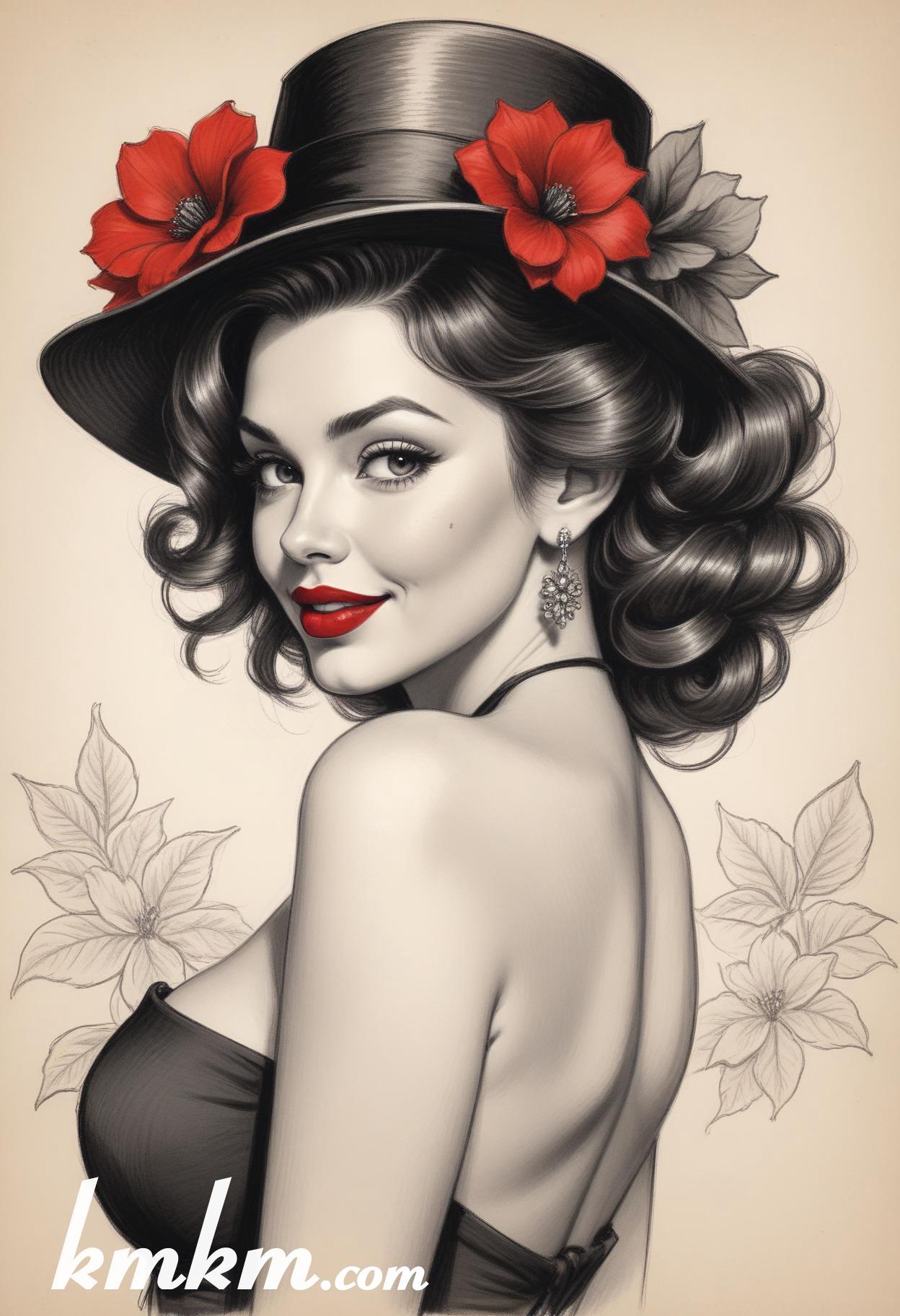 70s red and black pencil painting style portrait drawing 01