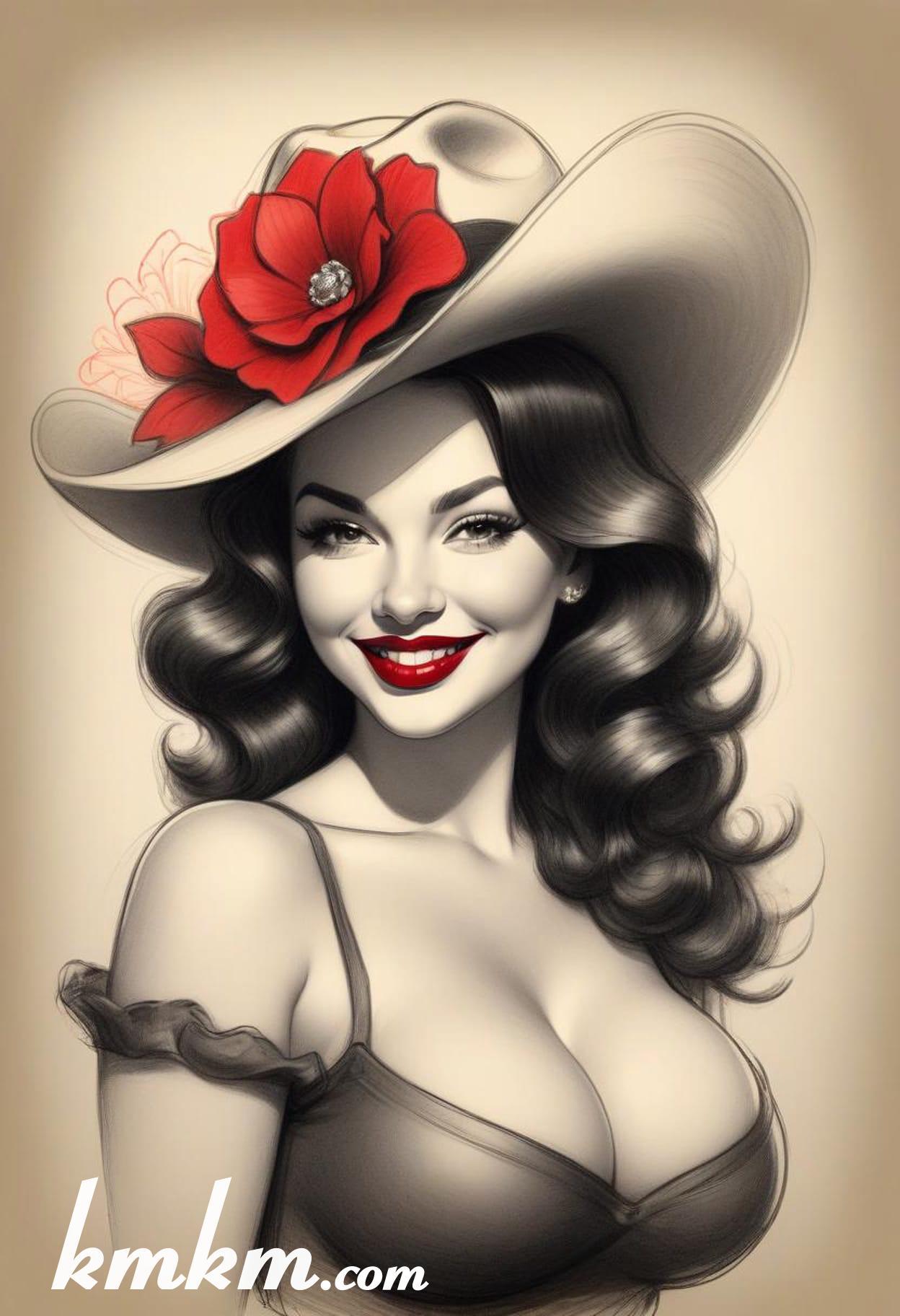 70s red and black pencil painting style portrait drawing 02