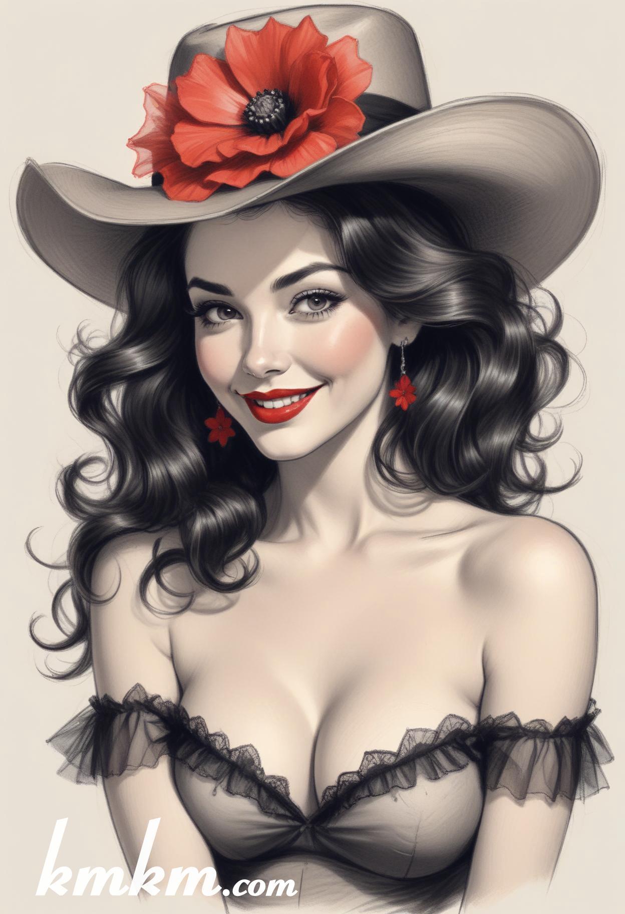 70s red and black pencil painting style portrait drawing 03