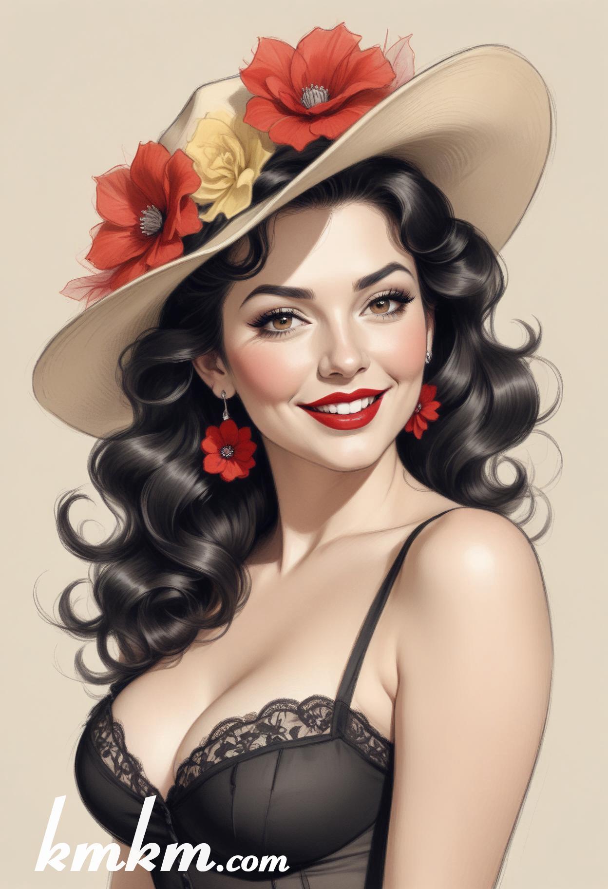 70s red and black pencil painting style portrait drawing 04