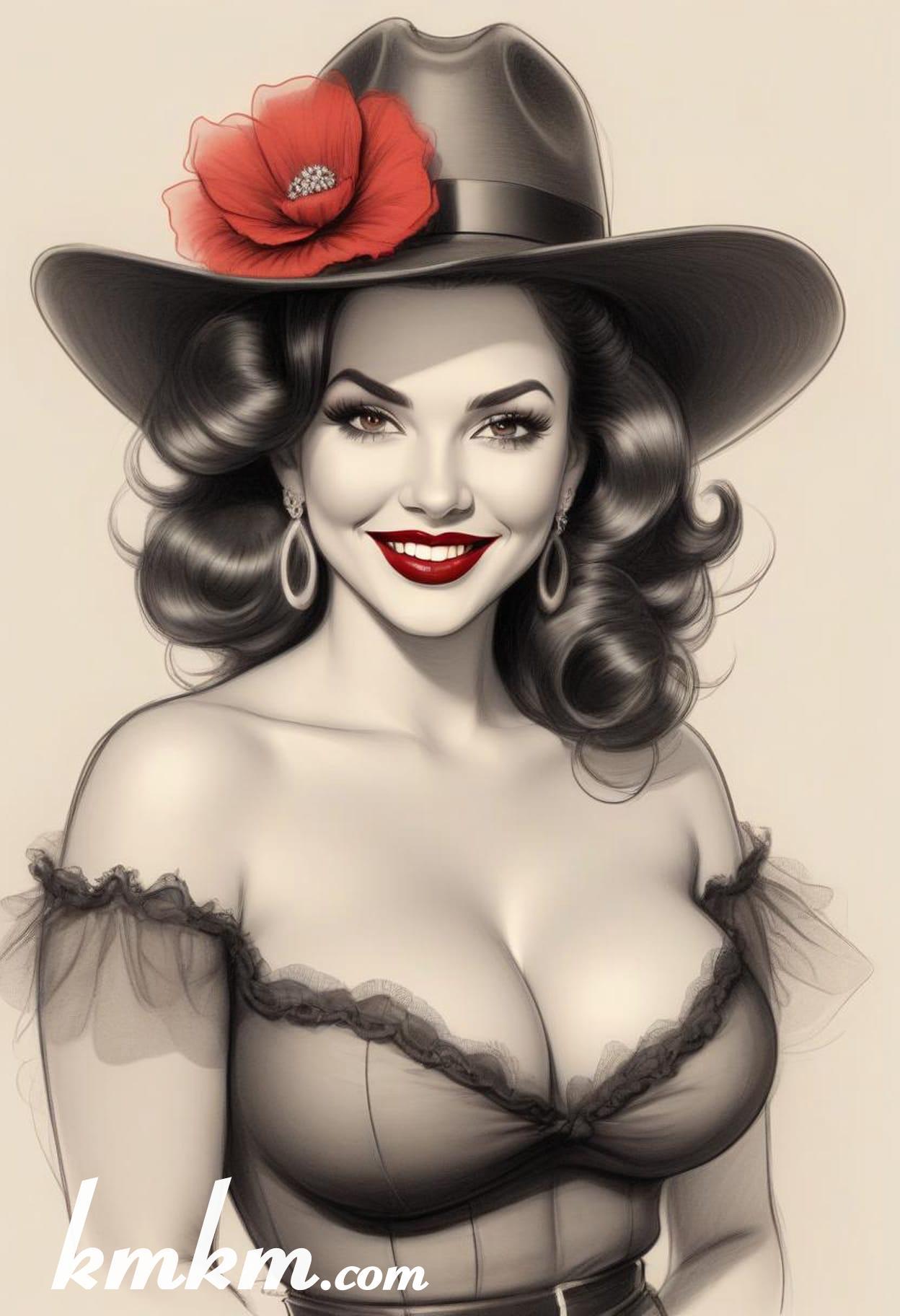 70s red and black pencil painting style portrait drawing 05