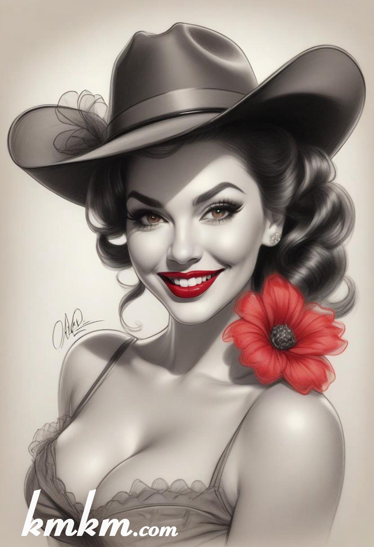 70s red and black pencil painting style portrait drawing 07