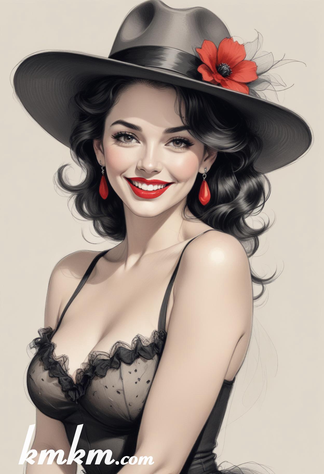 70s red and black pencil painting style portrait drawing 08