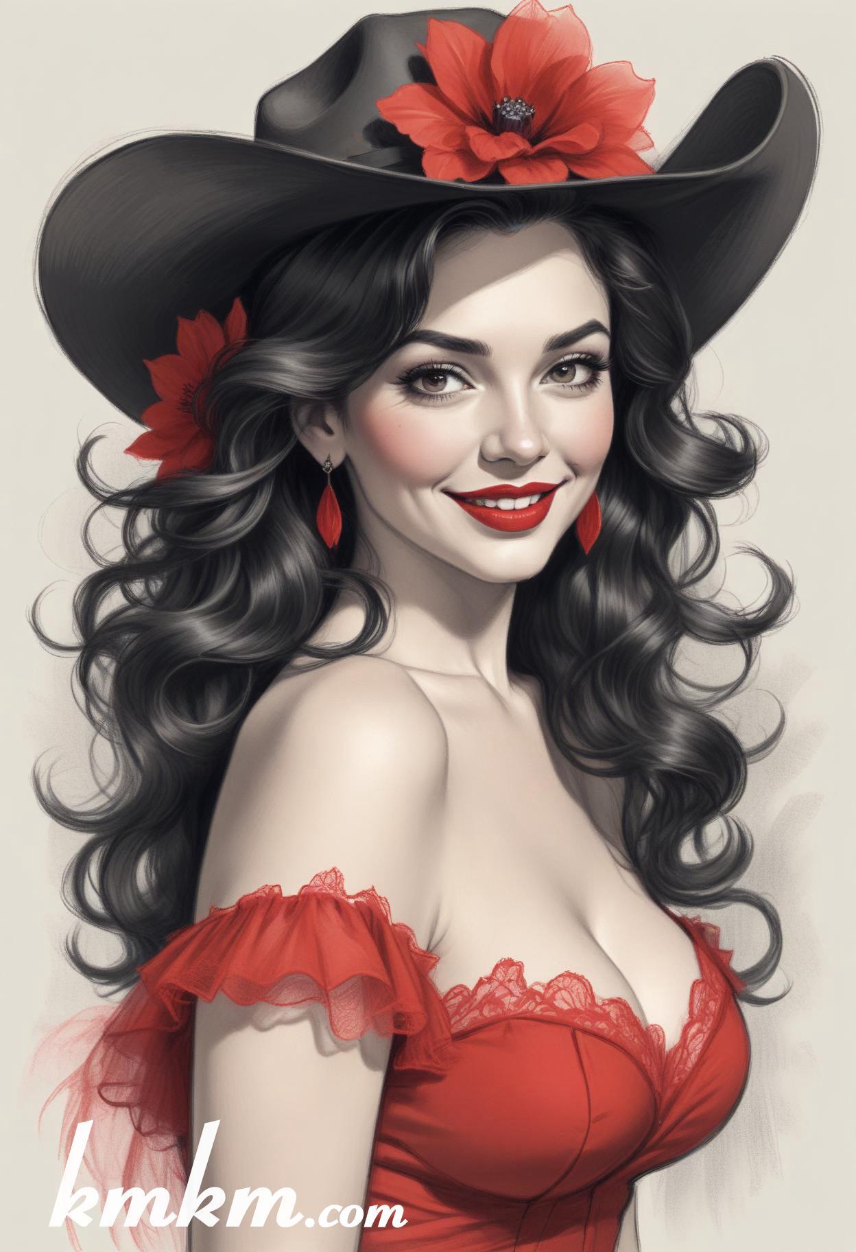 70s red and black pencil painting style portrait drawing 09