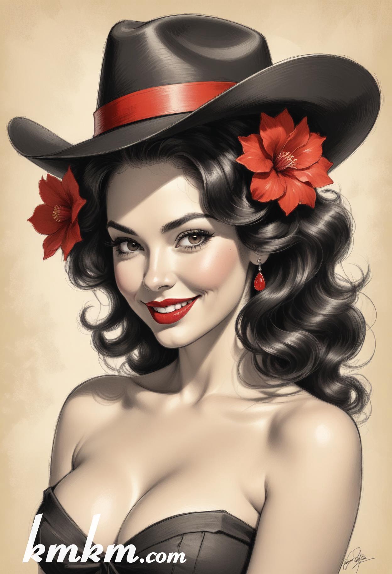 70s red and black pencil painting style portrait drawing 14