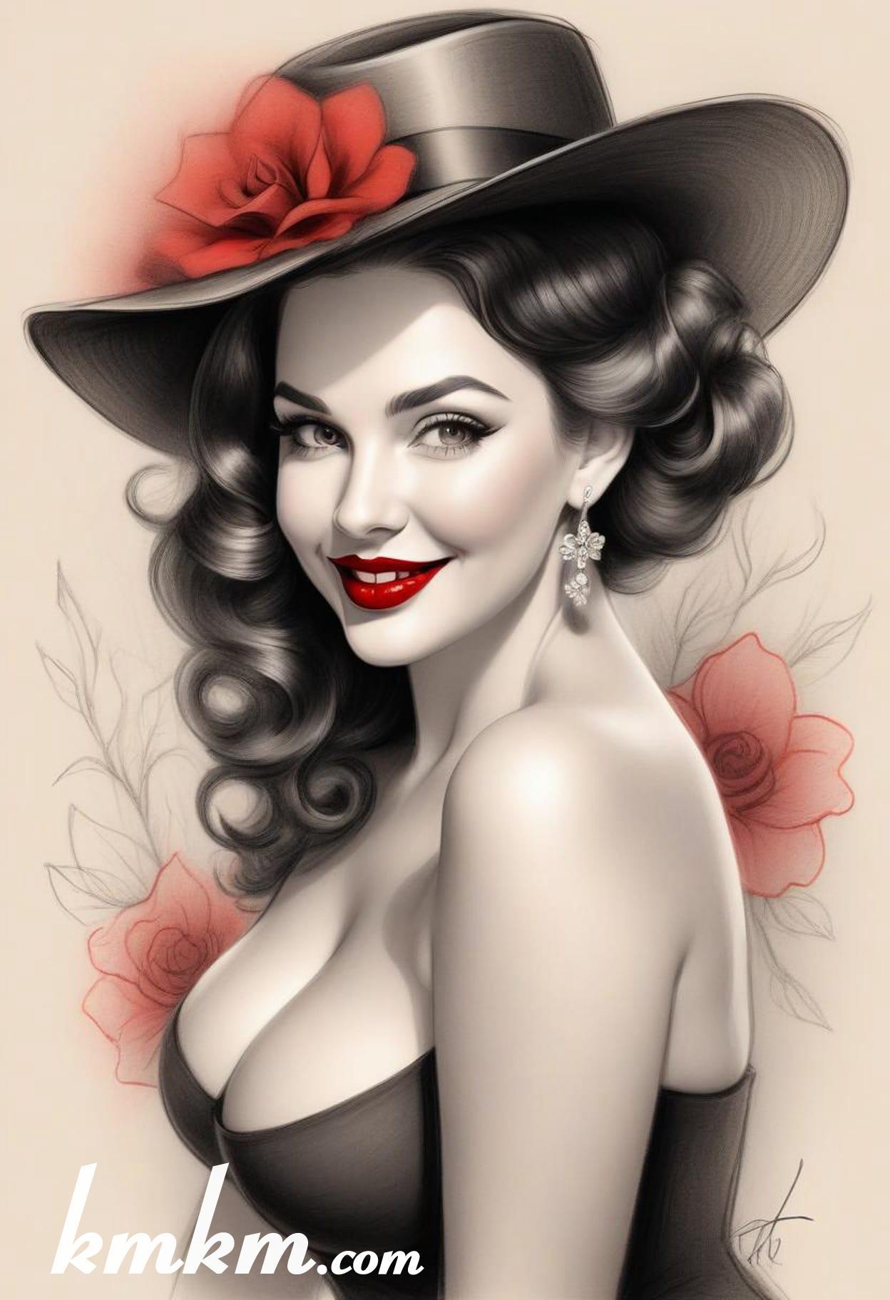 70s red and black pencil painting style portrait drawing 17