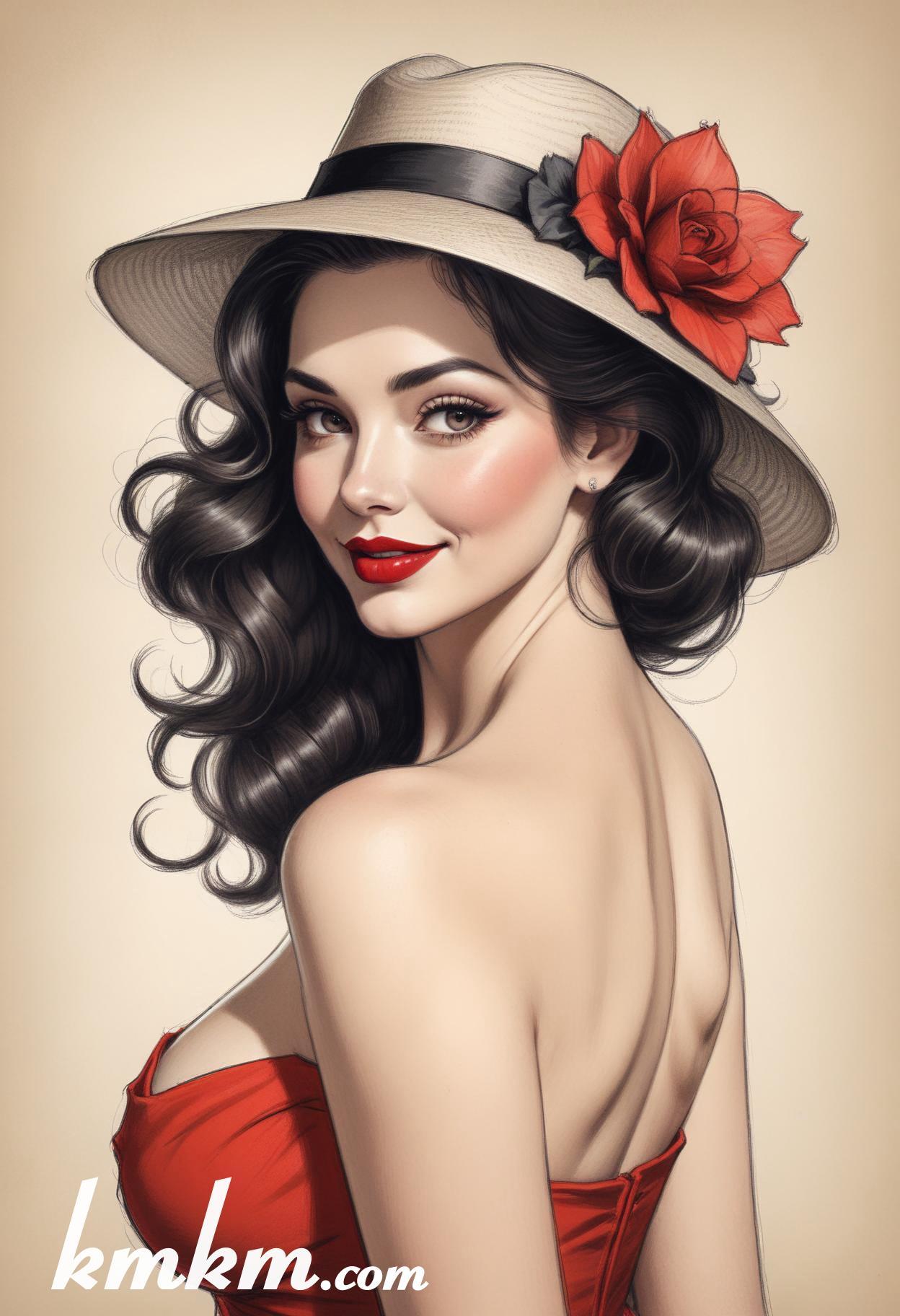 70s red and black pencil painting style portrait drawing 18