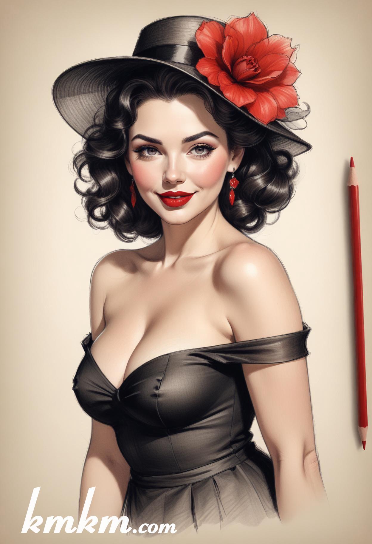 70s red and black pencil painting style portrait drawing 19