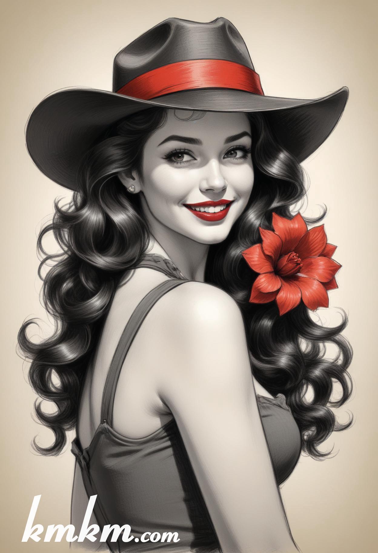 70s red and black pencil painting style portrait drawing 20