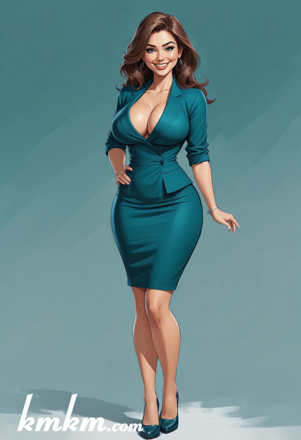 Teal businesswoman outfits figure portrait drawing 07