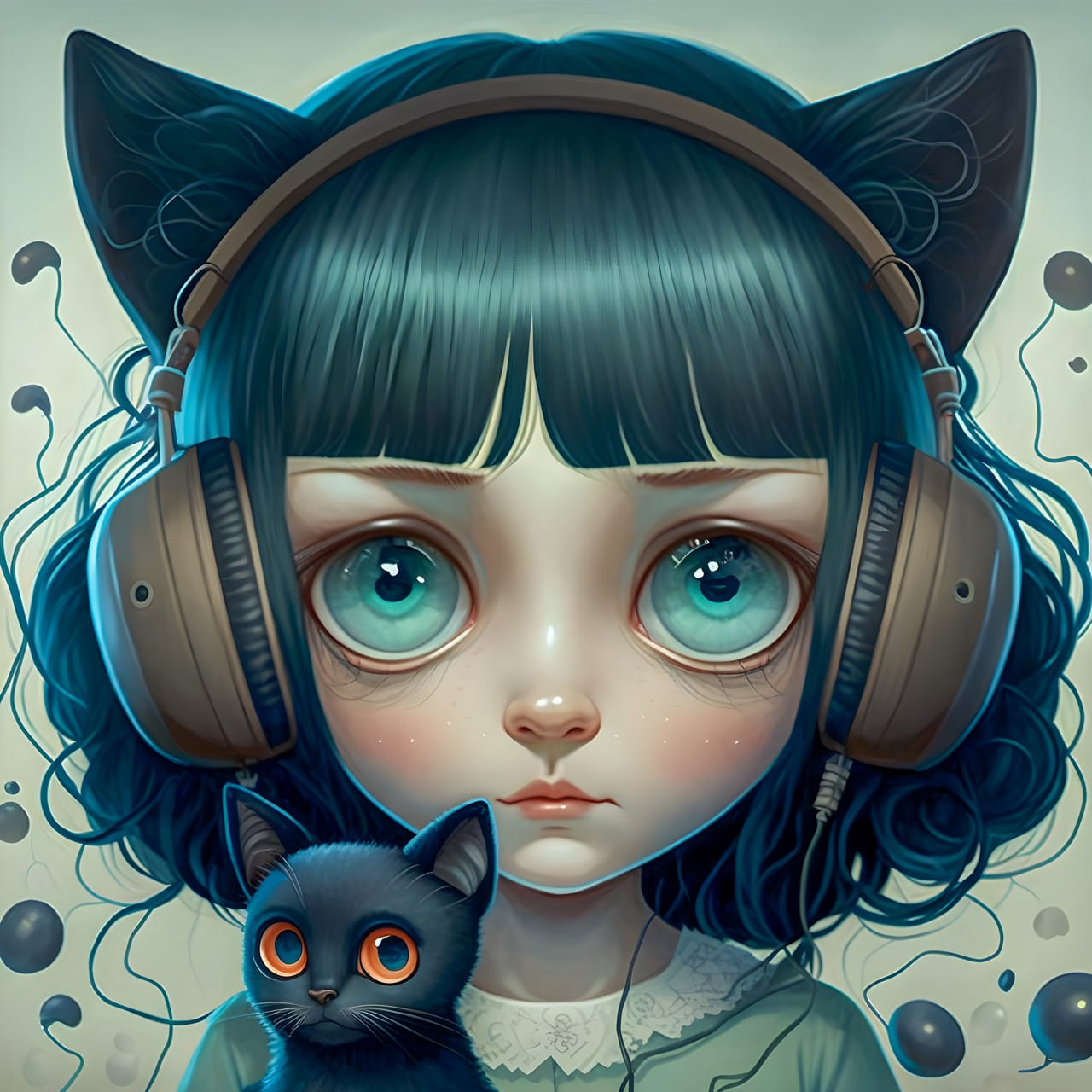 Cute kawaii anime brunette girl wearing headphones with cat ears