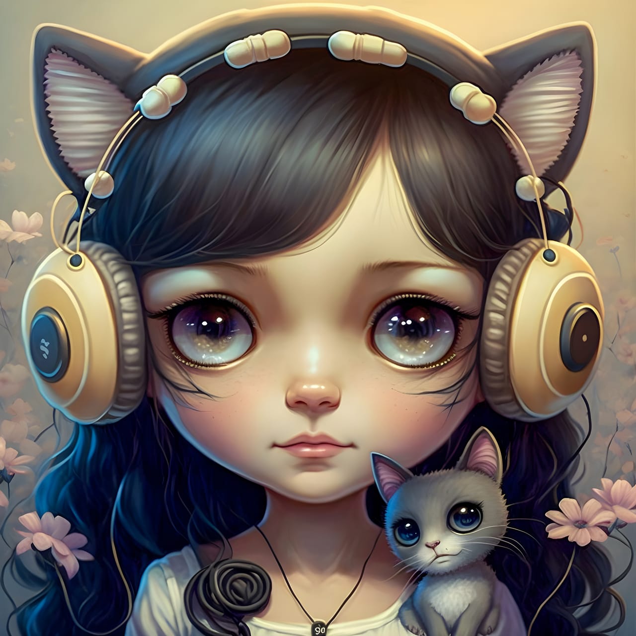 Cute kawaii anime brunette girl wearing headphones with cat
