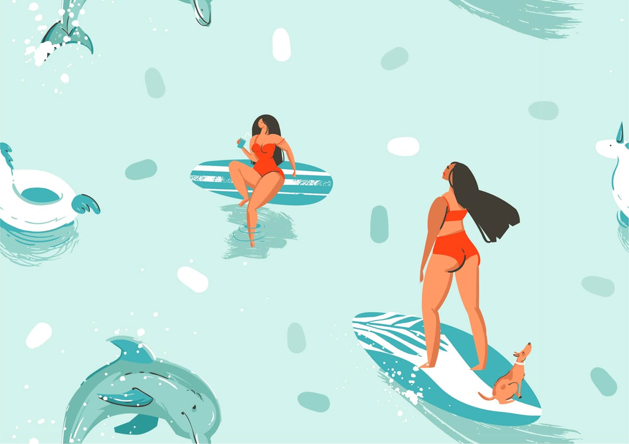 Abstract cute summer time cartoon illustrations seamless pattern with surfboard girls dolphins blue ocean water