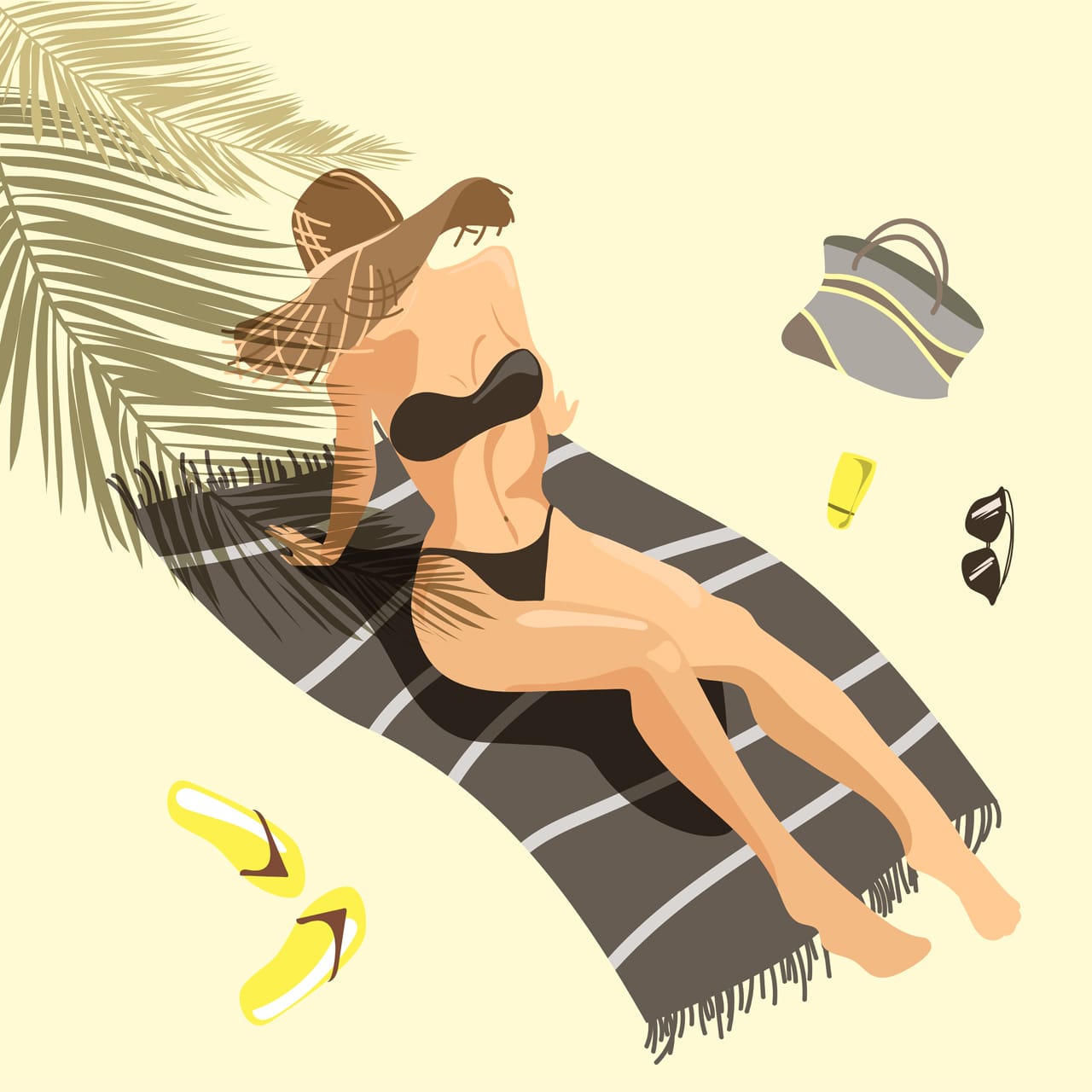 Beach clipart beautiful young tanned girl hat swimsuit sunbathes beach top view