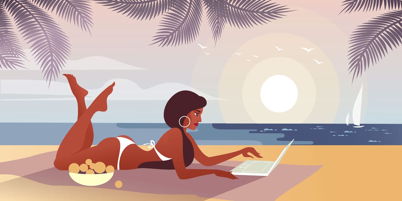 Beach clipart girl with laptop bowl fruit sunbathes programming sea beach