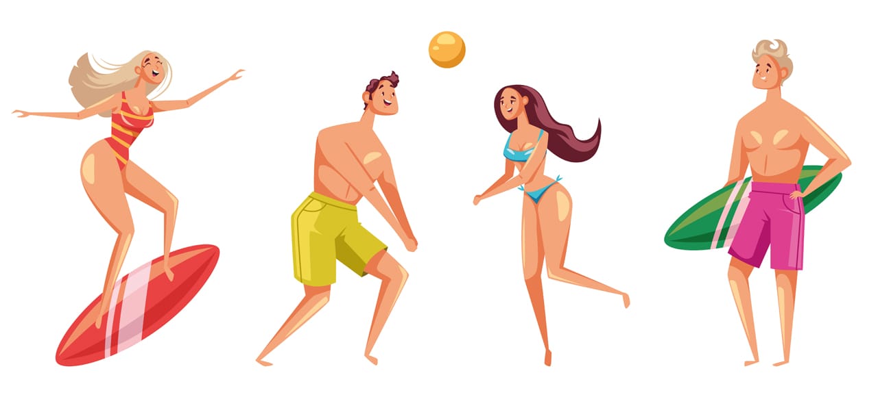 Beach clipart young sporty man woman character playing sport game surfing beach resort concept