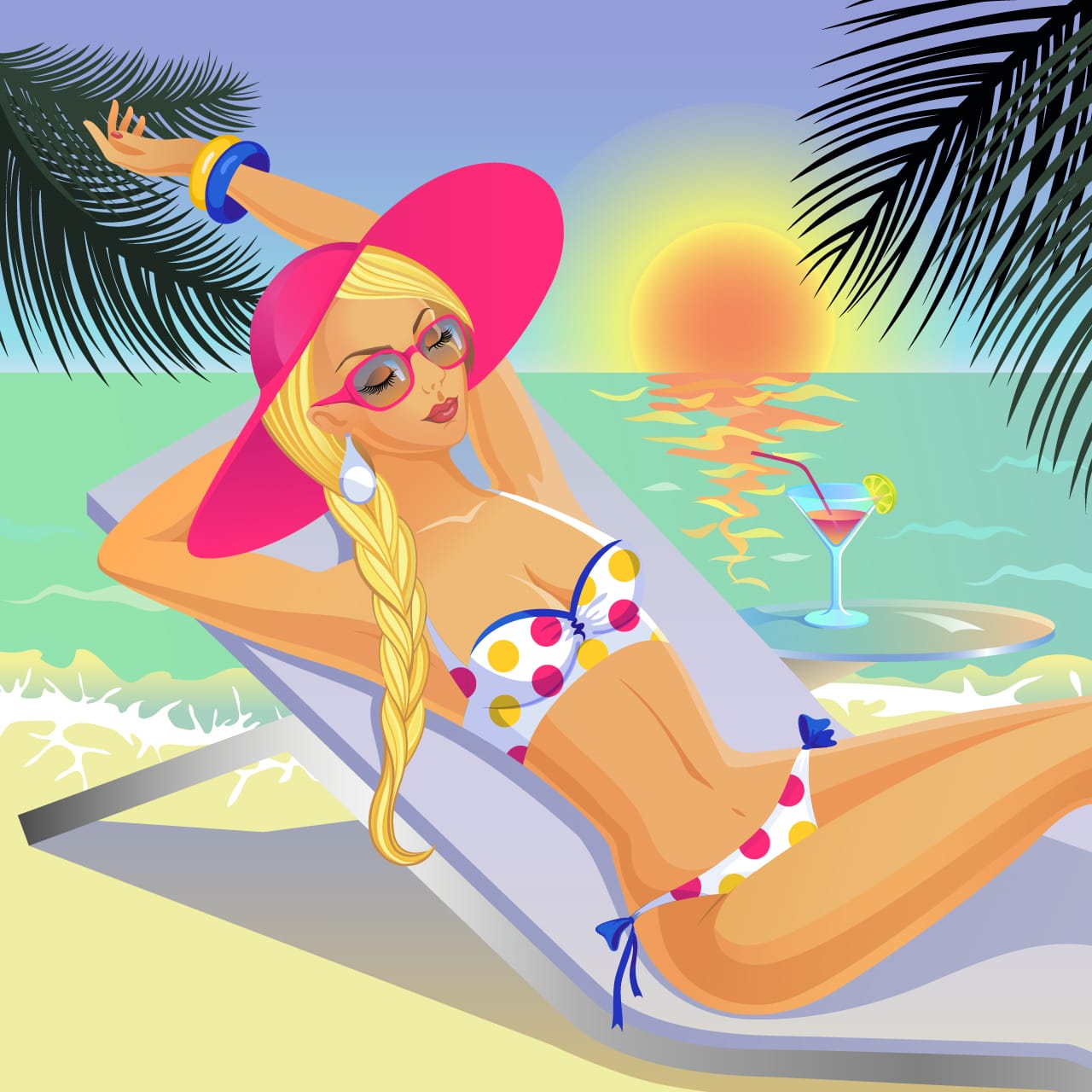 Girl polkadot bikini hat glasses having rest with cocktail sunny tropical beach