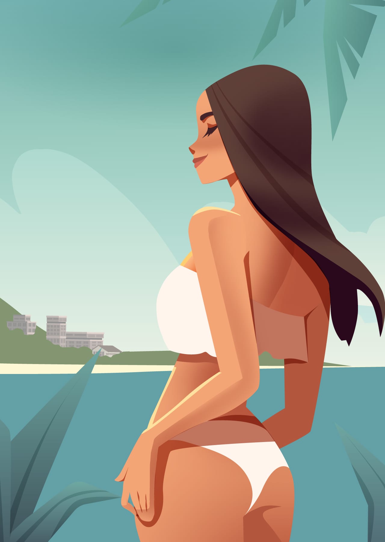 Girl relaxing beach summer vacation poster design template with sexy female