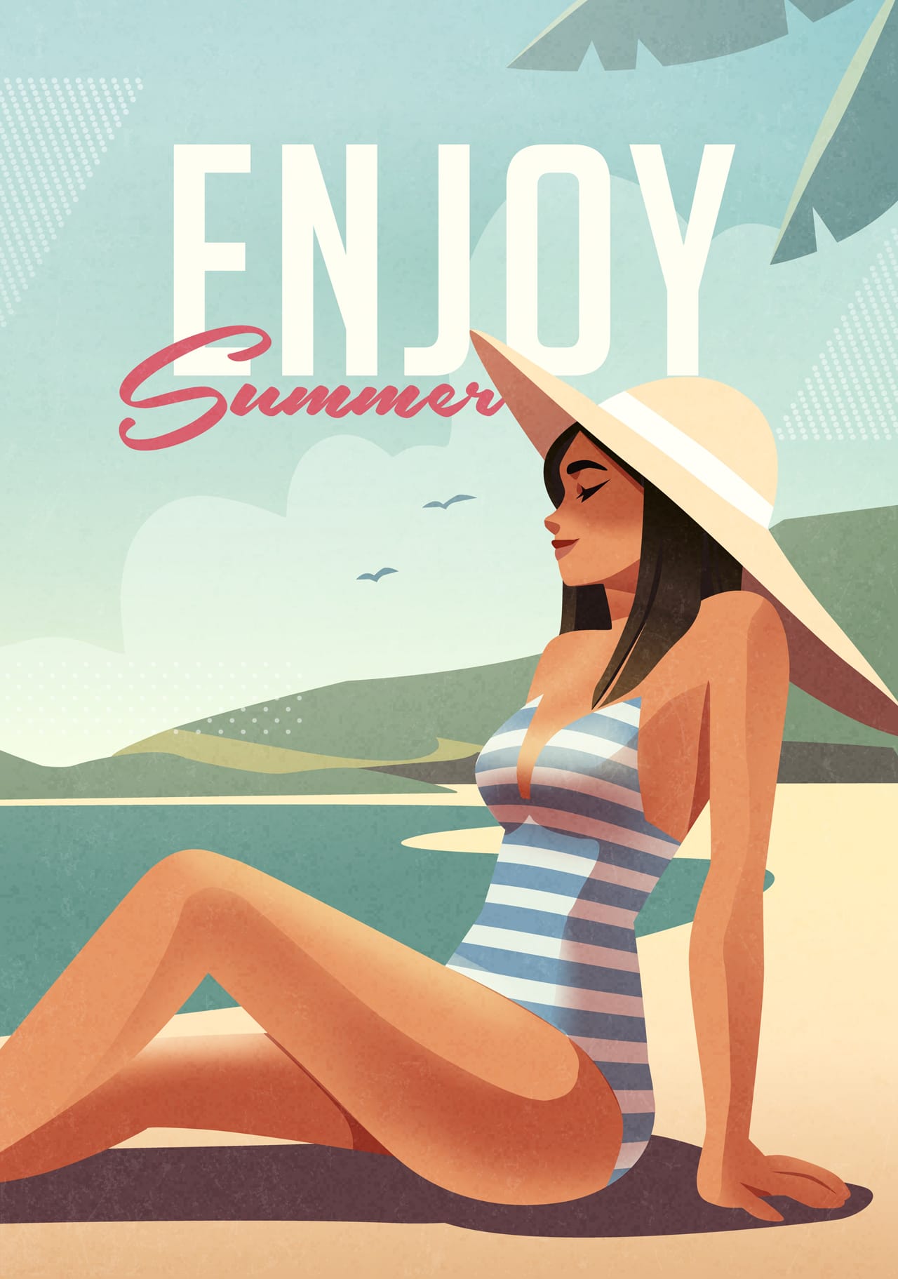 Girl relaxing beach summer vacation poster flyer design template with female beach