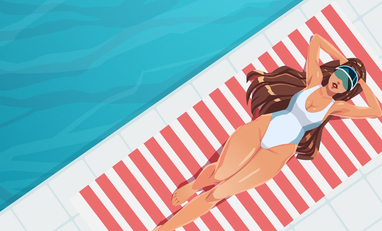 Girl sunbathing towel near swimming pool cartoon image