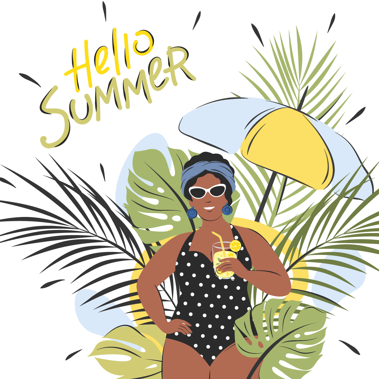 Young beautiful afro american woman swimsuit having with cocktail transparent background png