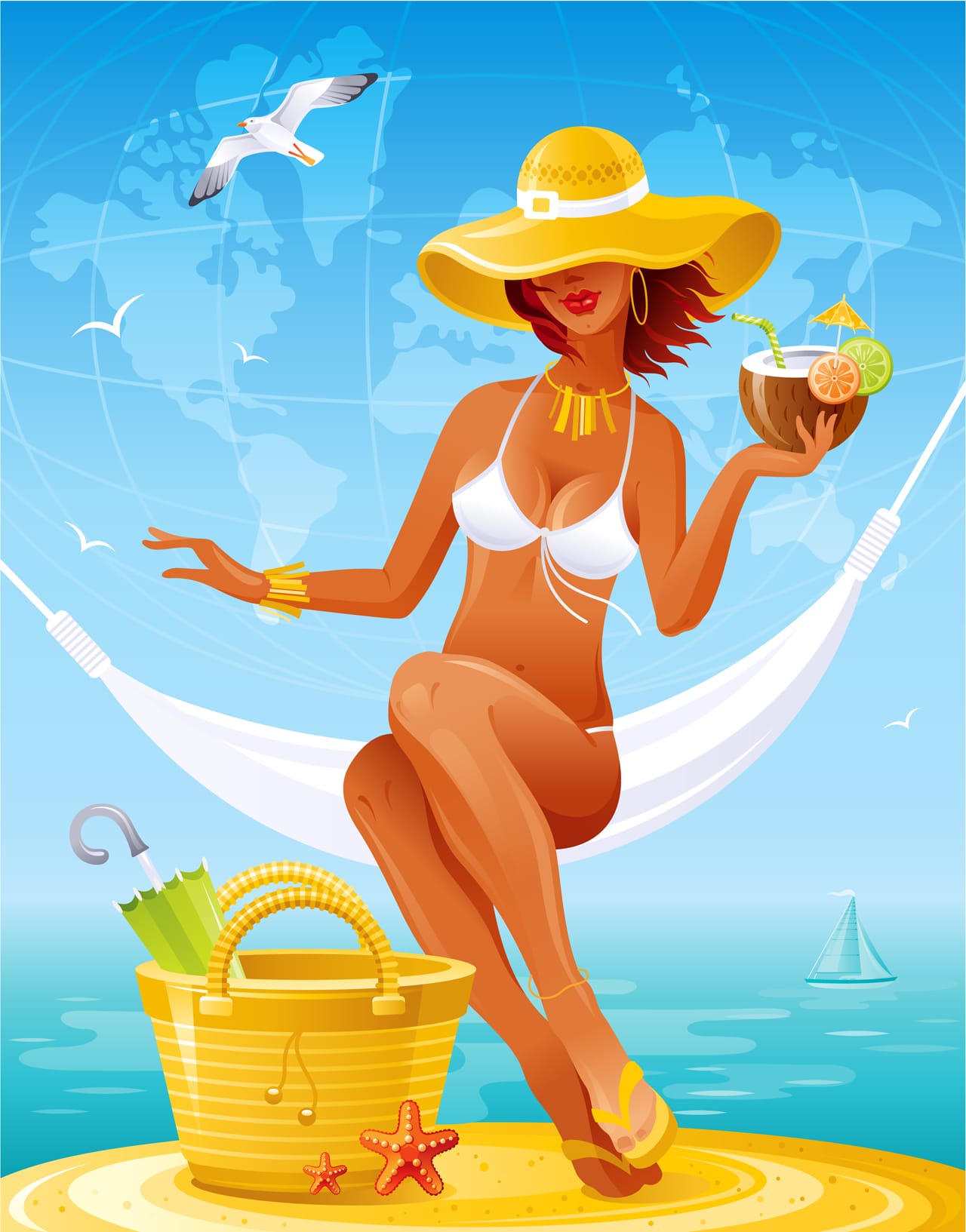 Beach girl summer sexy woman straw hat sitting hammock with cocktail cartoon sun tan girl bikini swimsuit