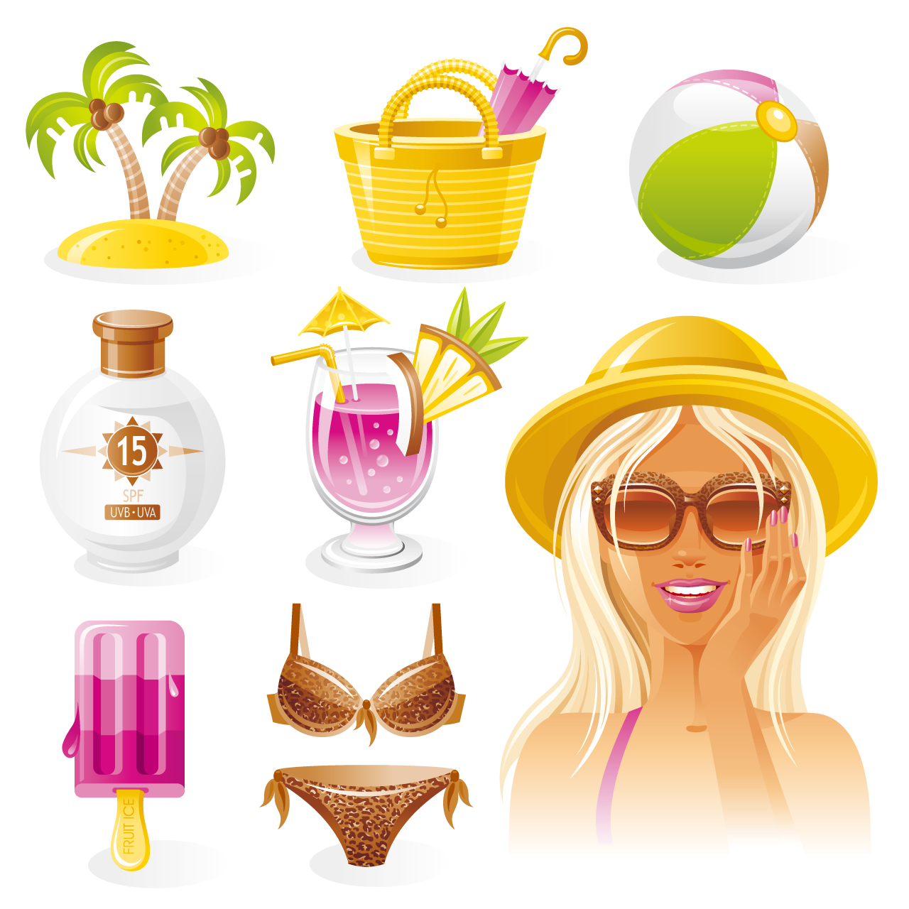 Bikini clipart beauty cosmetics set summer collection with beautiful blond tan girl straw hat