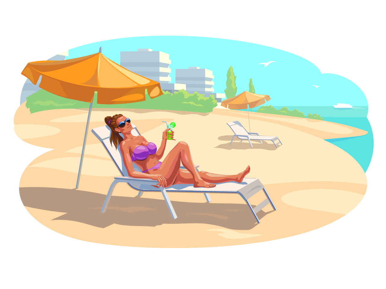 Bikini clipart girl is relaxing beach with cocktail cartoon illustration image