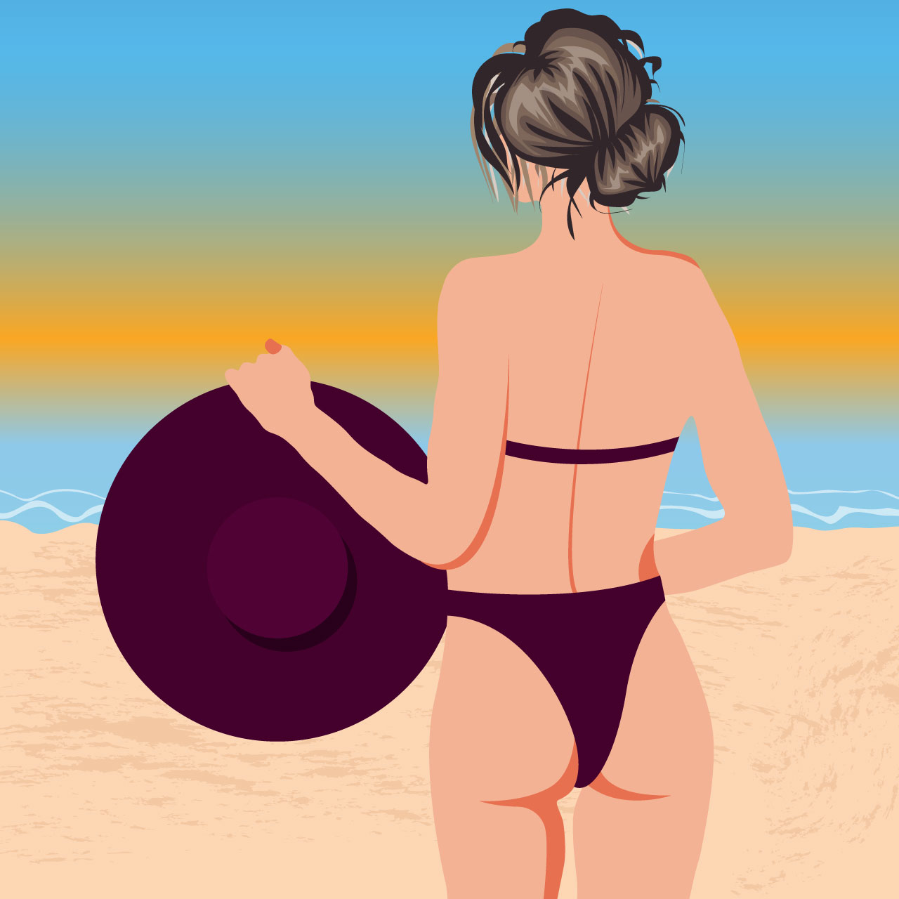 Bikini clipart girl swimsuit with hat beach summer girl sea sunset illustration
