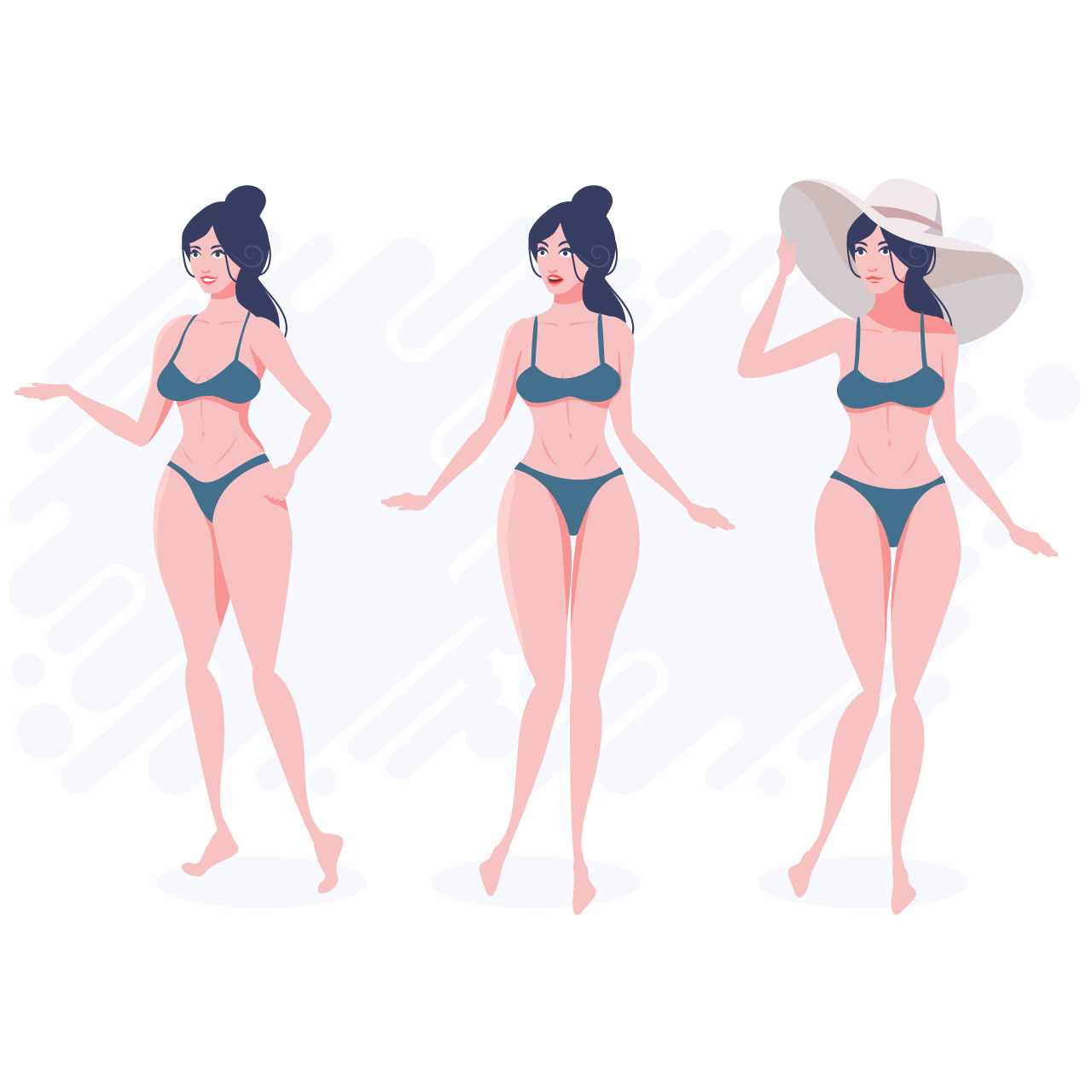 Bikini clipart girl with bun her head blue bikini three poses transparent background png
