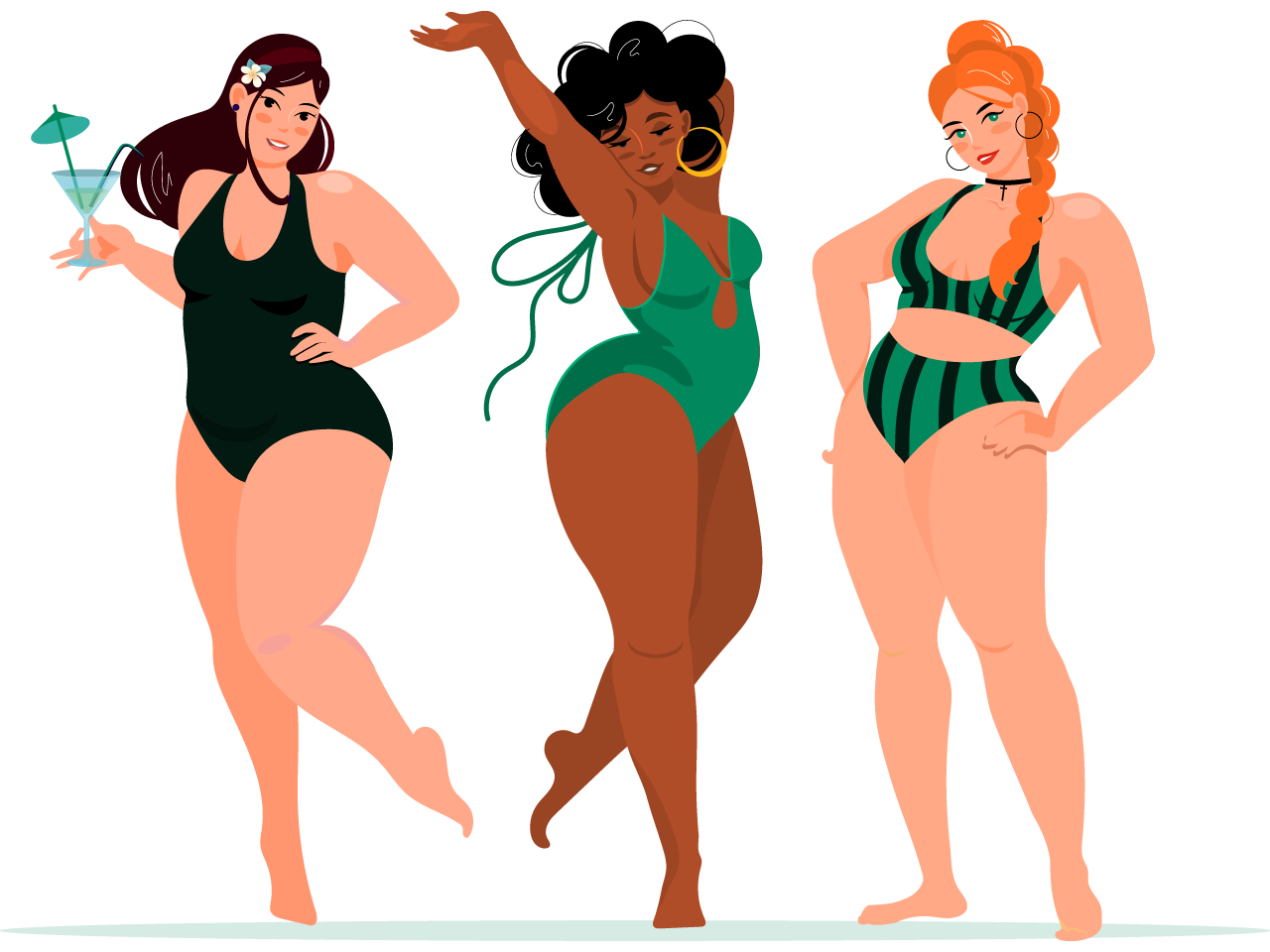 Funny girls swimsuits with curvy shapes different poses love your body