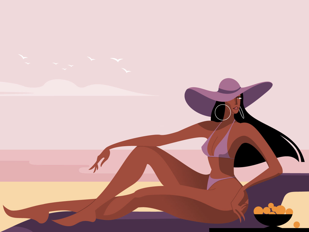 Longlegged brunette girl widebrimmed hat bikini with fruits basket sun sea yachts beach
