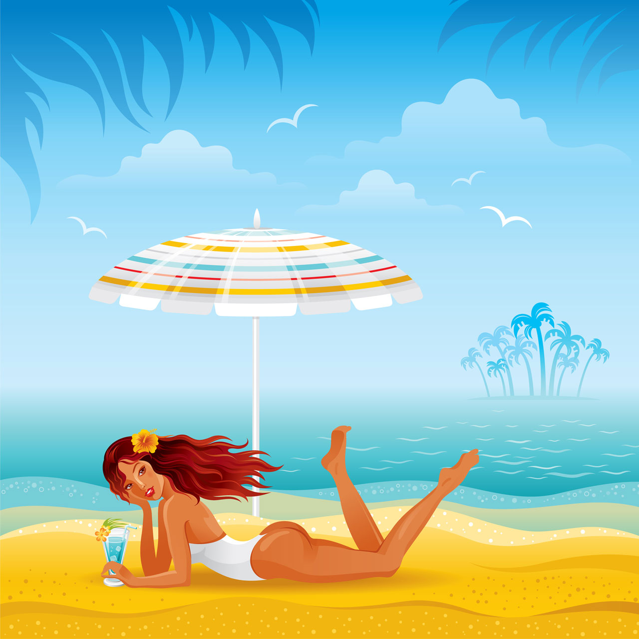 Sea beach landscape with beautiful slim tan girl laying sun unbrella with cocktail